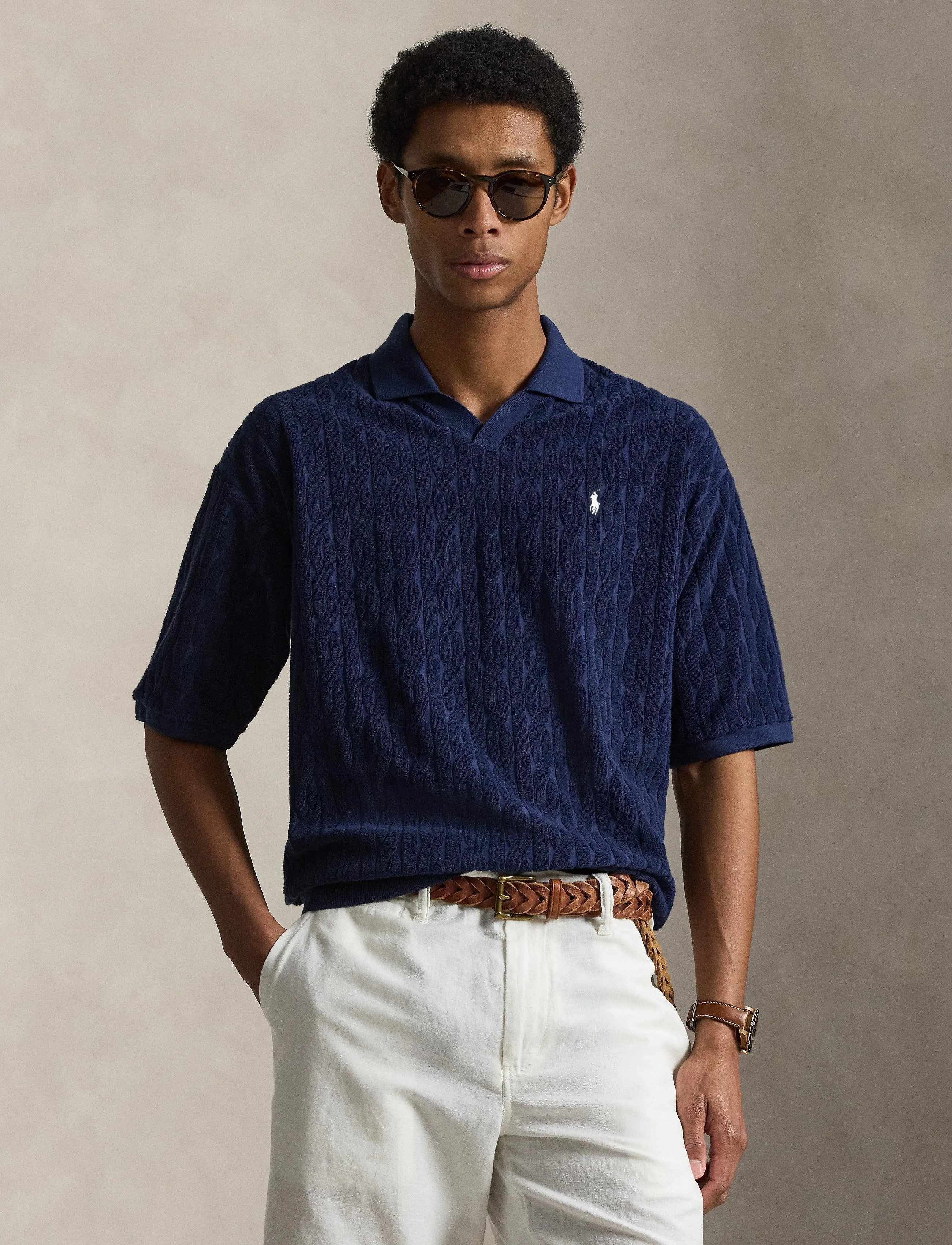 Polo Ralph Lauren Relaxed Fit Cabled Terry Polo Shirt, XL, Navy, Strik > Kortærmede Strikkede Poloer, Herre