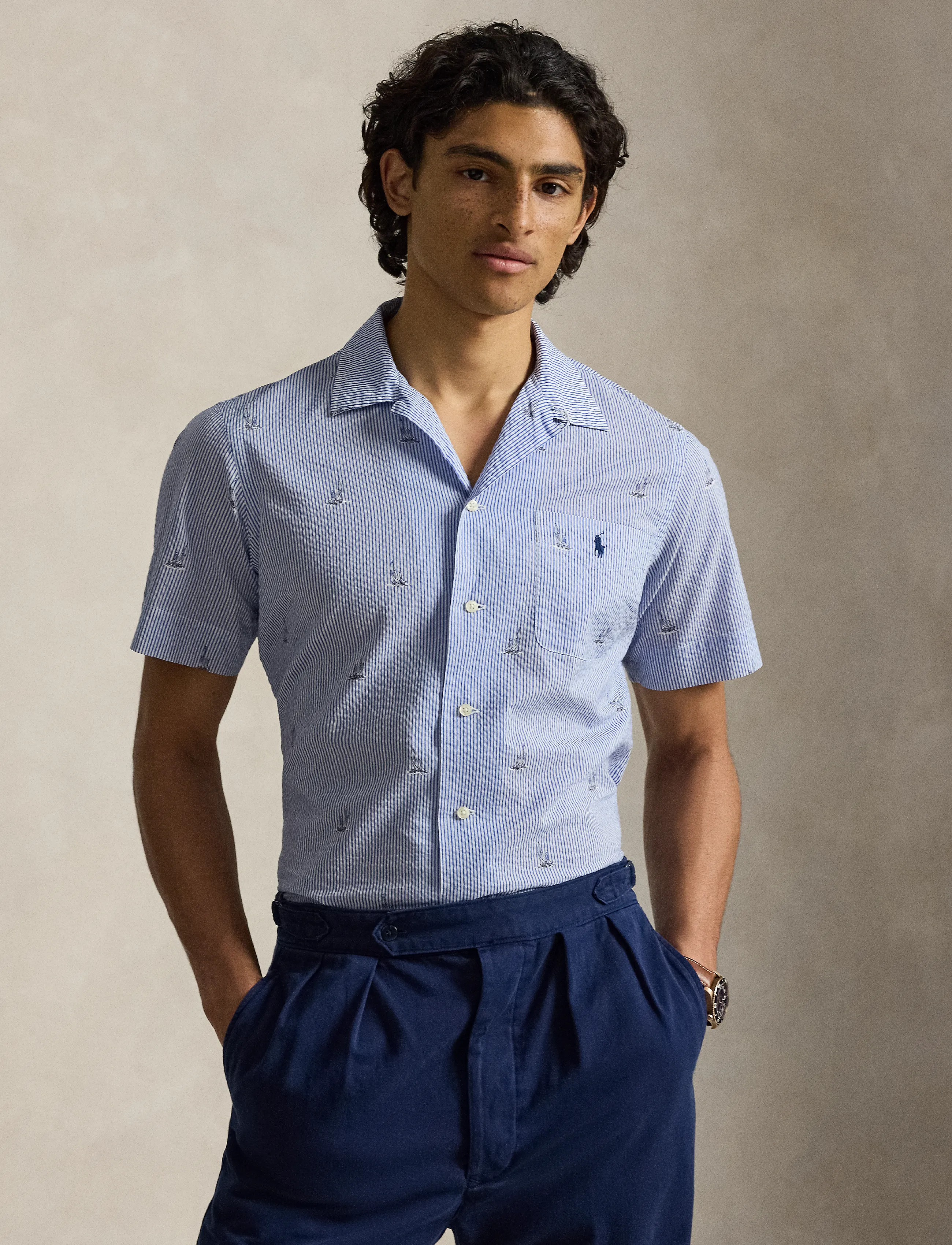 Polo Ralph Lauren Classic Fit Sailboat Seersucker Shirt, L, Blue, Skjorter > Kortærmede Shirts, Herre