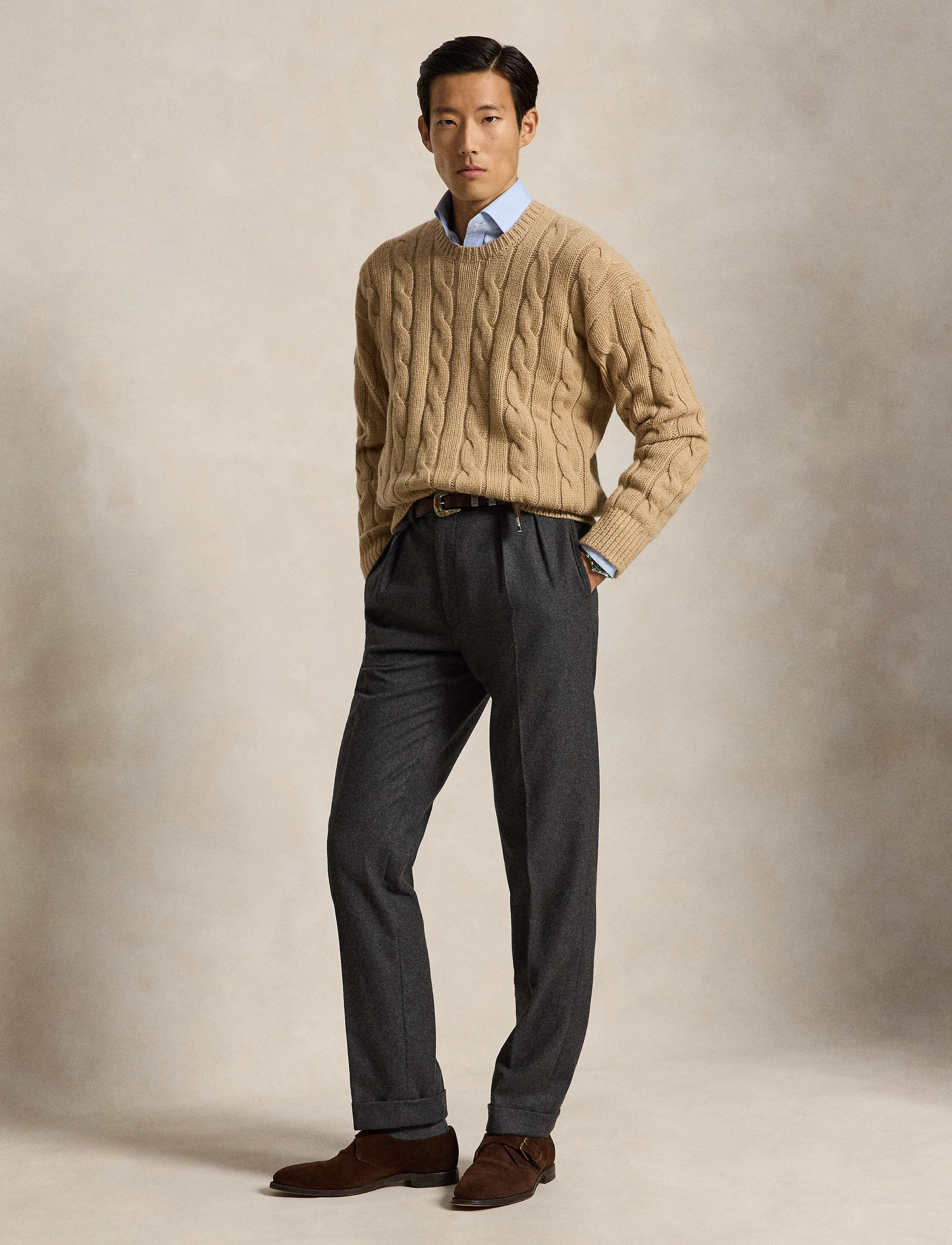 Polo Ralph Lauren - Stickad tröja i ullblandning Relaxed Fit - rundhalsad - camel melange - 5
