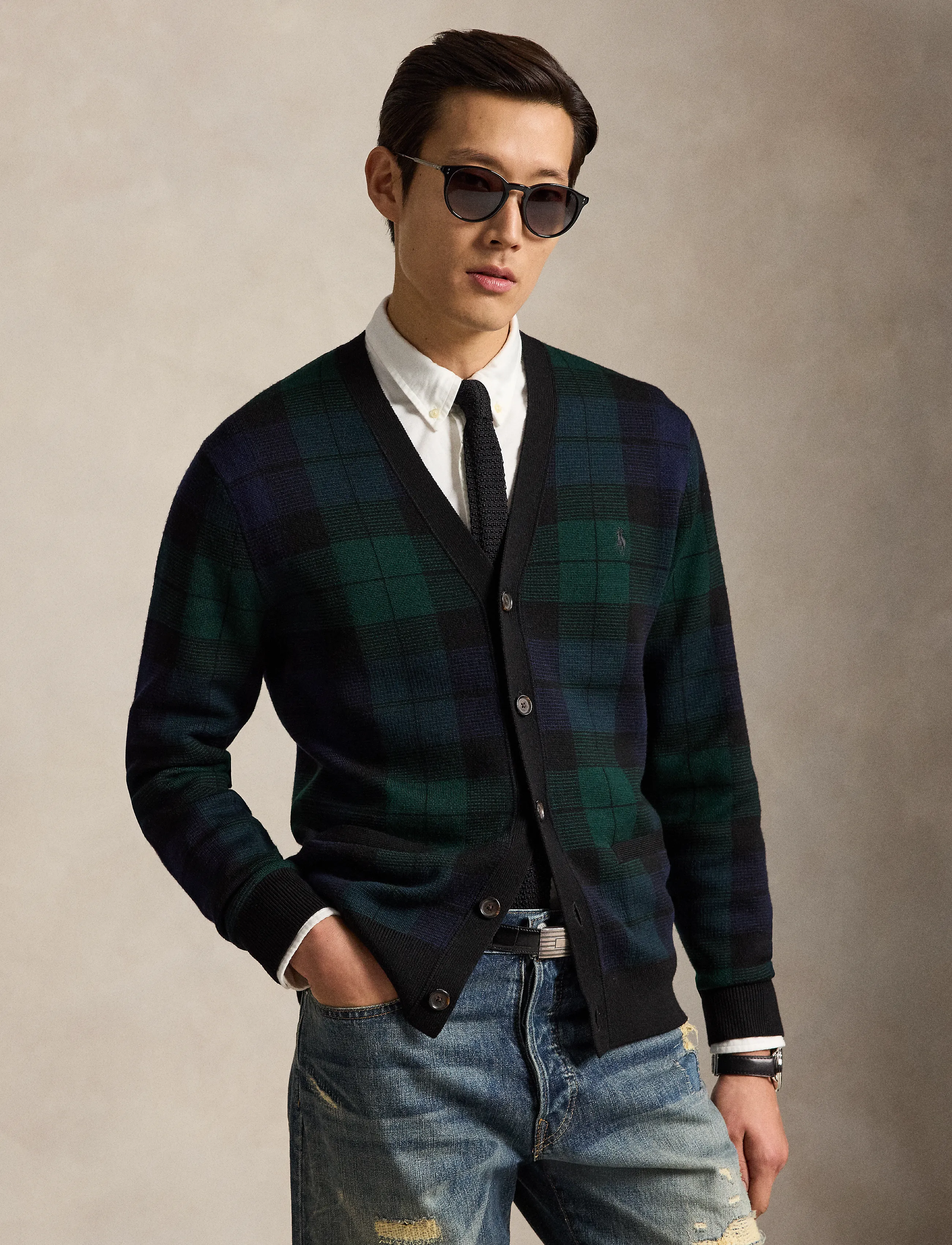 Polo Ralph Lauren Plaid Washable Wool Cardigan, M, Black, Strik > Cardigans, Herre