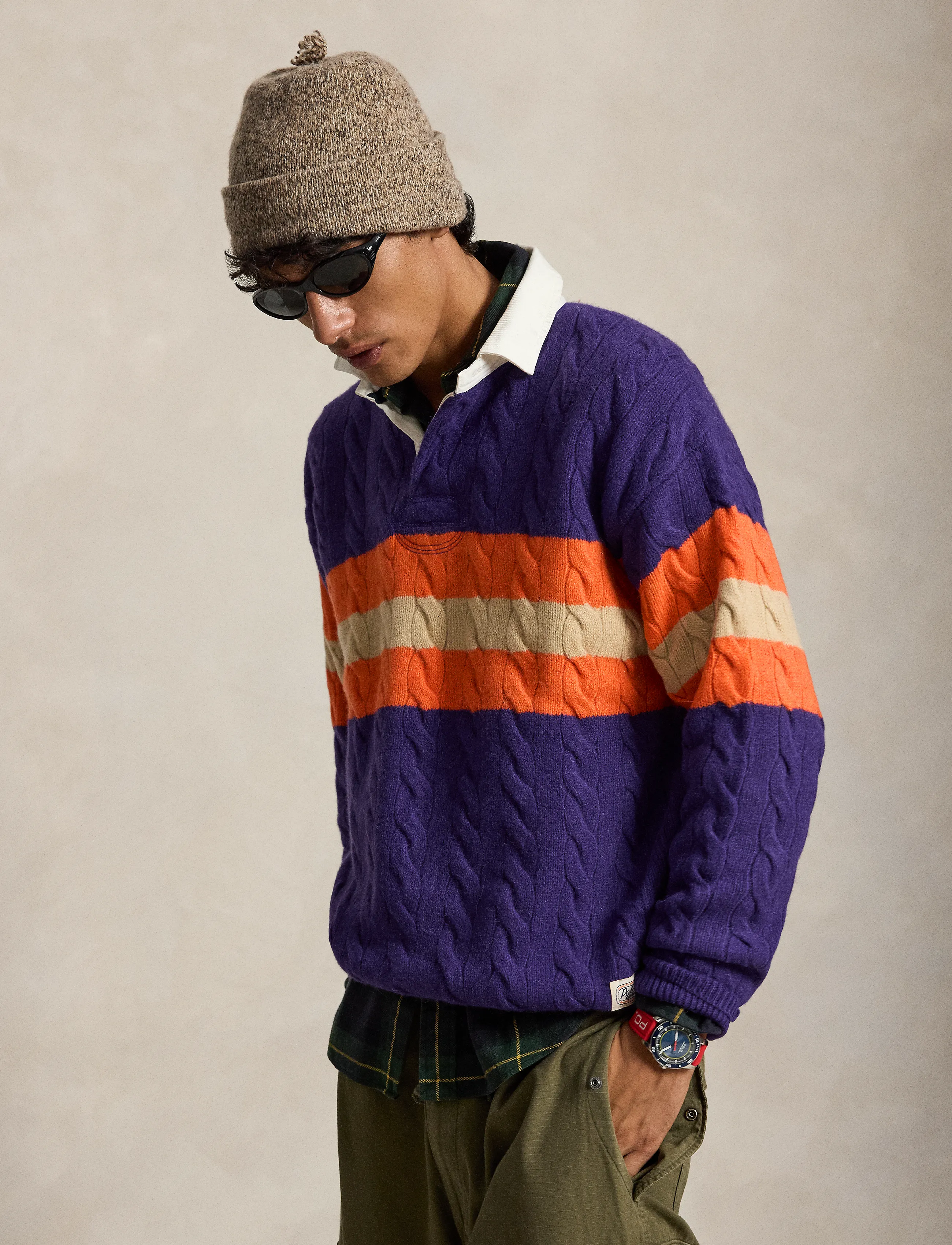 Relaxed Fit Cable-Knit Rugby Sweater