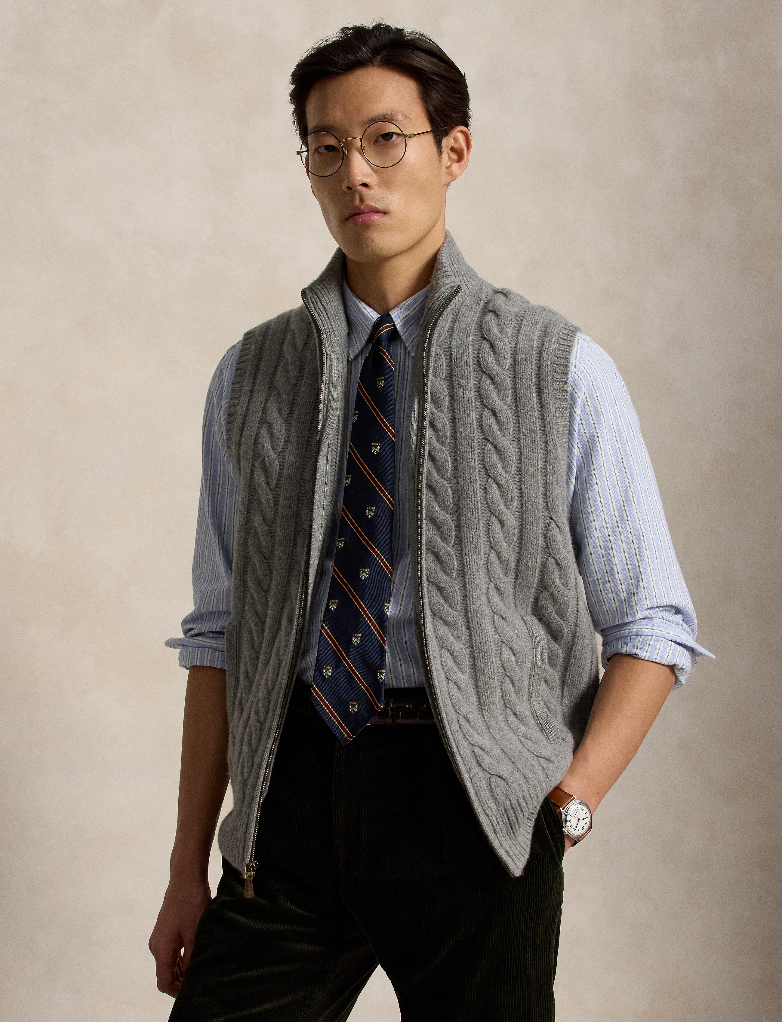 Polo Ralph Lauren - Cable-Knit Wool-Cashmere Sweater Vest - strikveste - fawn grey heather - 0