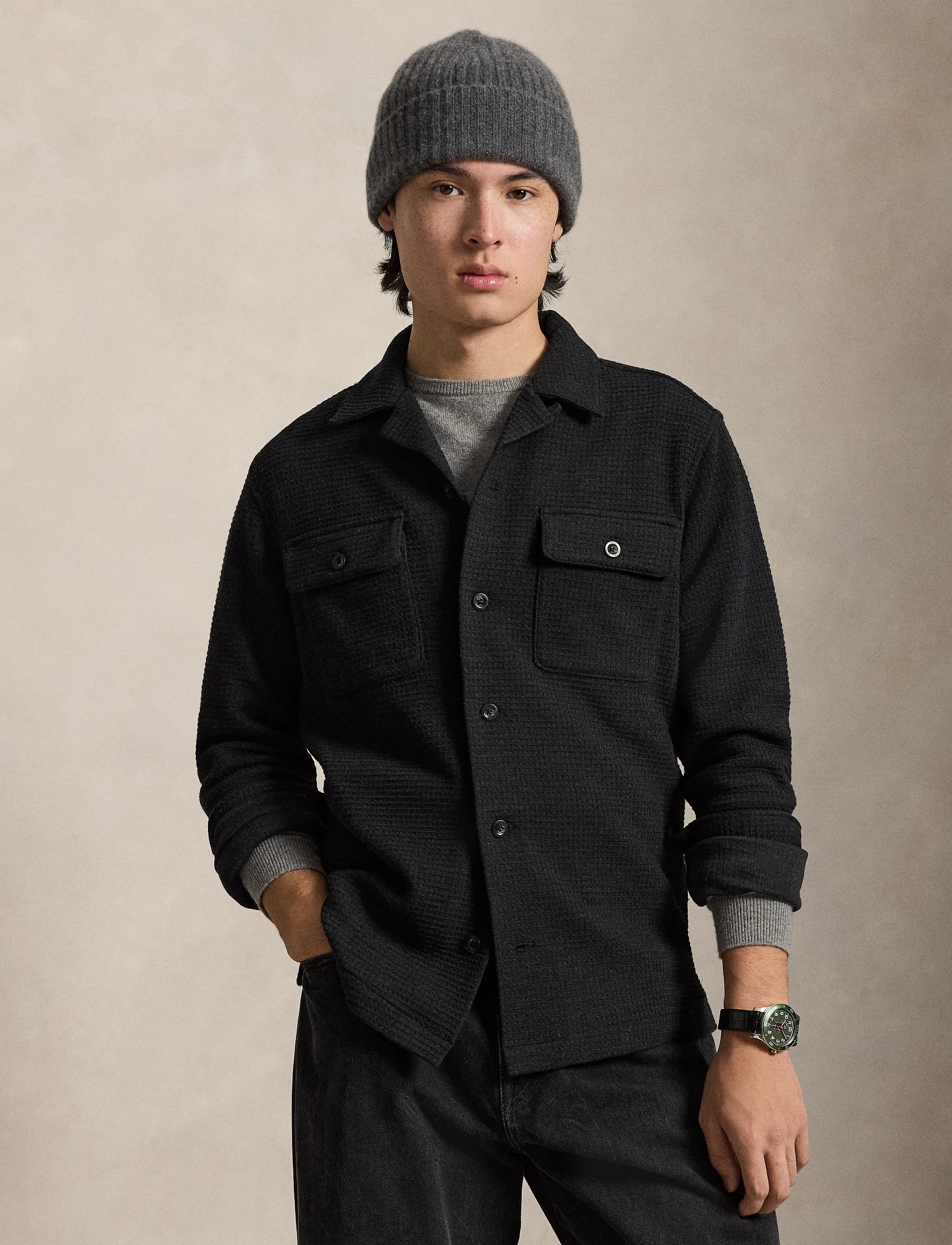 Polo Ralph Lauren Waffle-Knit Camp Shirt - Preppy - BLK HEATHER / black