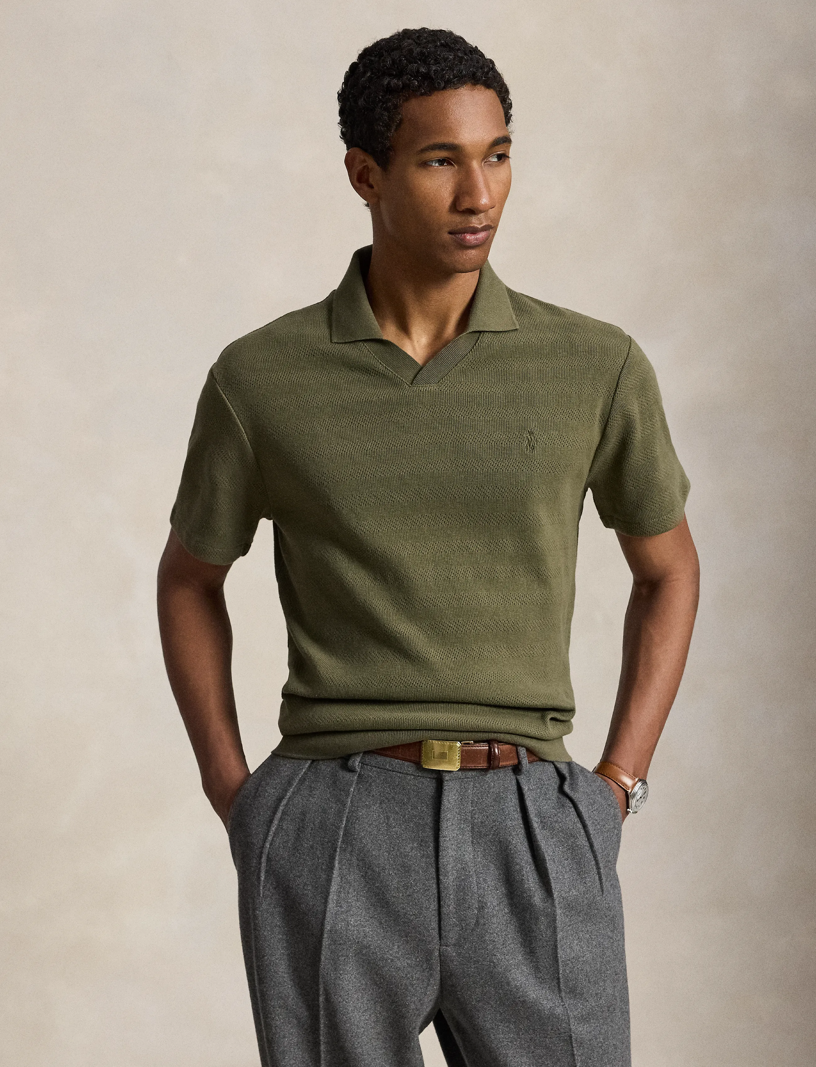 Polo Ralph Lauren Pointelle-Ribbed Polo Shirt - Business - OUTDOORS OLIVE / khaki/green