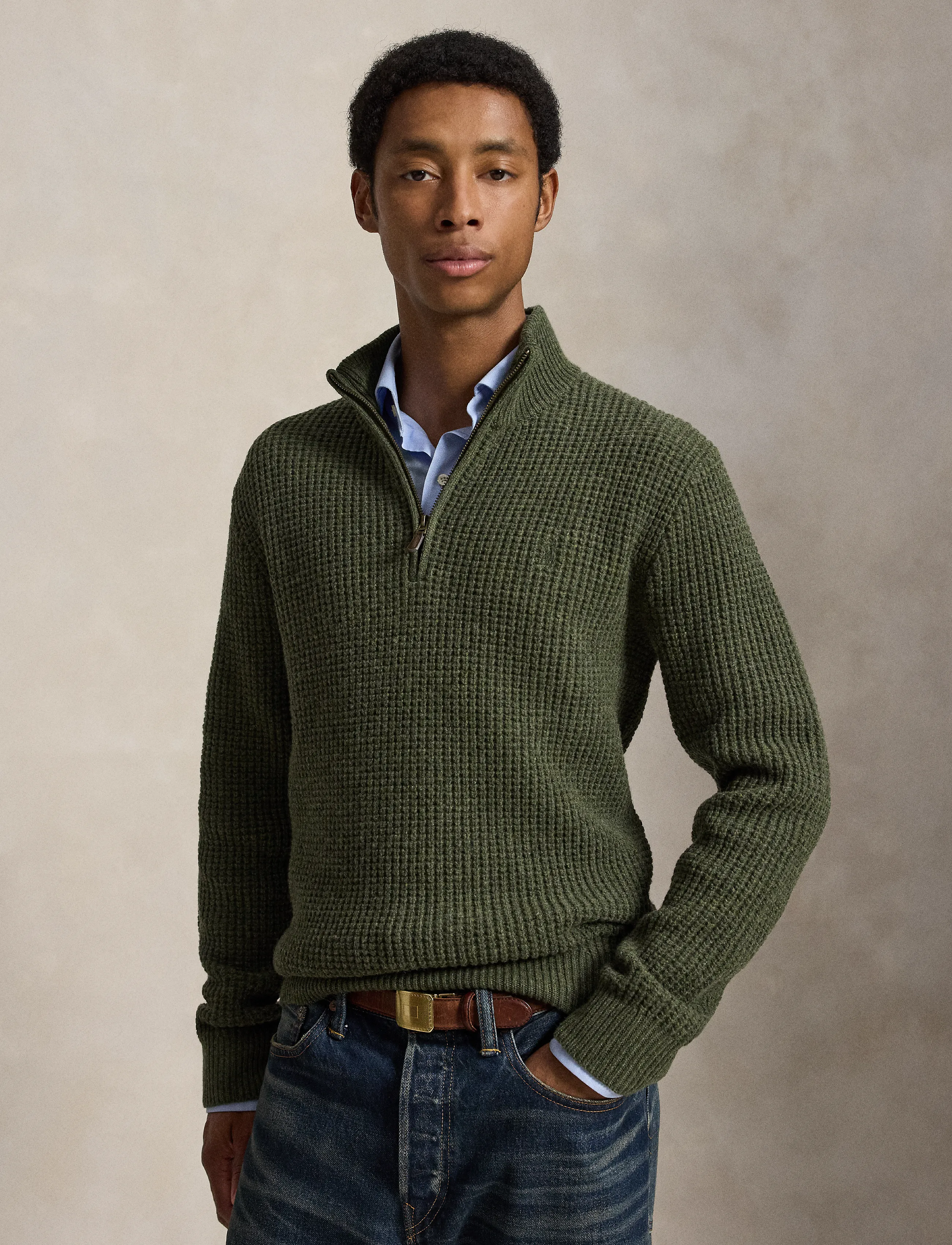 Polo Ralph Lauren Waffle-Knit Wool-Cotton Sweater - Business - OLIVE SHRUB HEATH / khaki/green