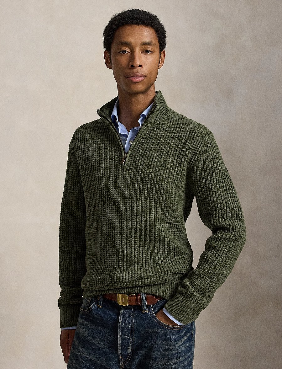 Polo Ralph Lauren - Waffle-Knit Wool-Cotton Sweater - half zip - olive shrub heath - 1