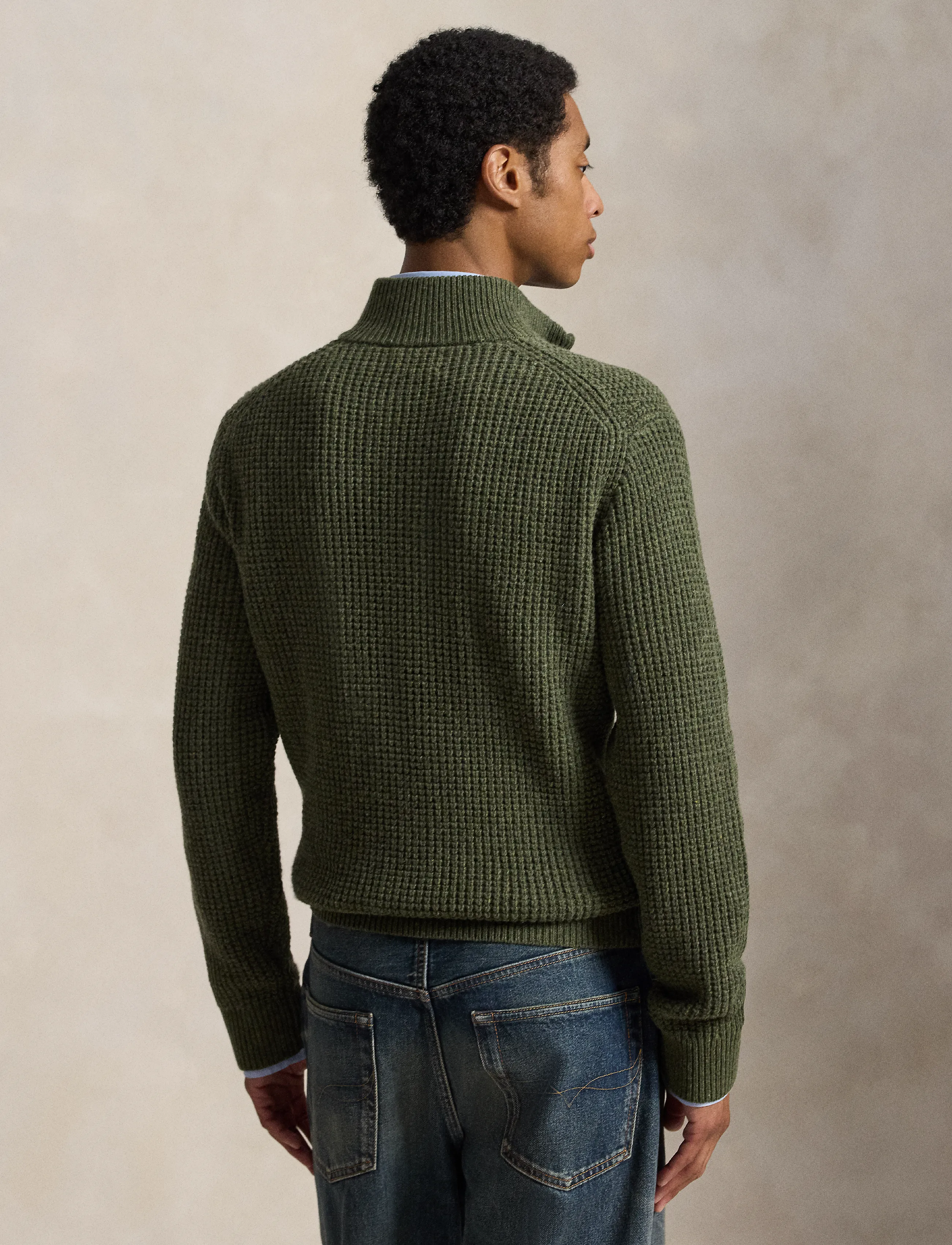 Polo Ralph Lauren - Waffle-Knit Wool-Cotton Sweater - half zip - olive shrub heath - 4