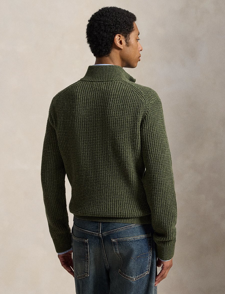 Polo Ralph Lauren - Waffle-Knit Wool-Cotton Sweater - half zip - olive shrub heath - 4