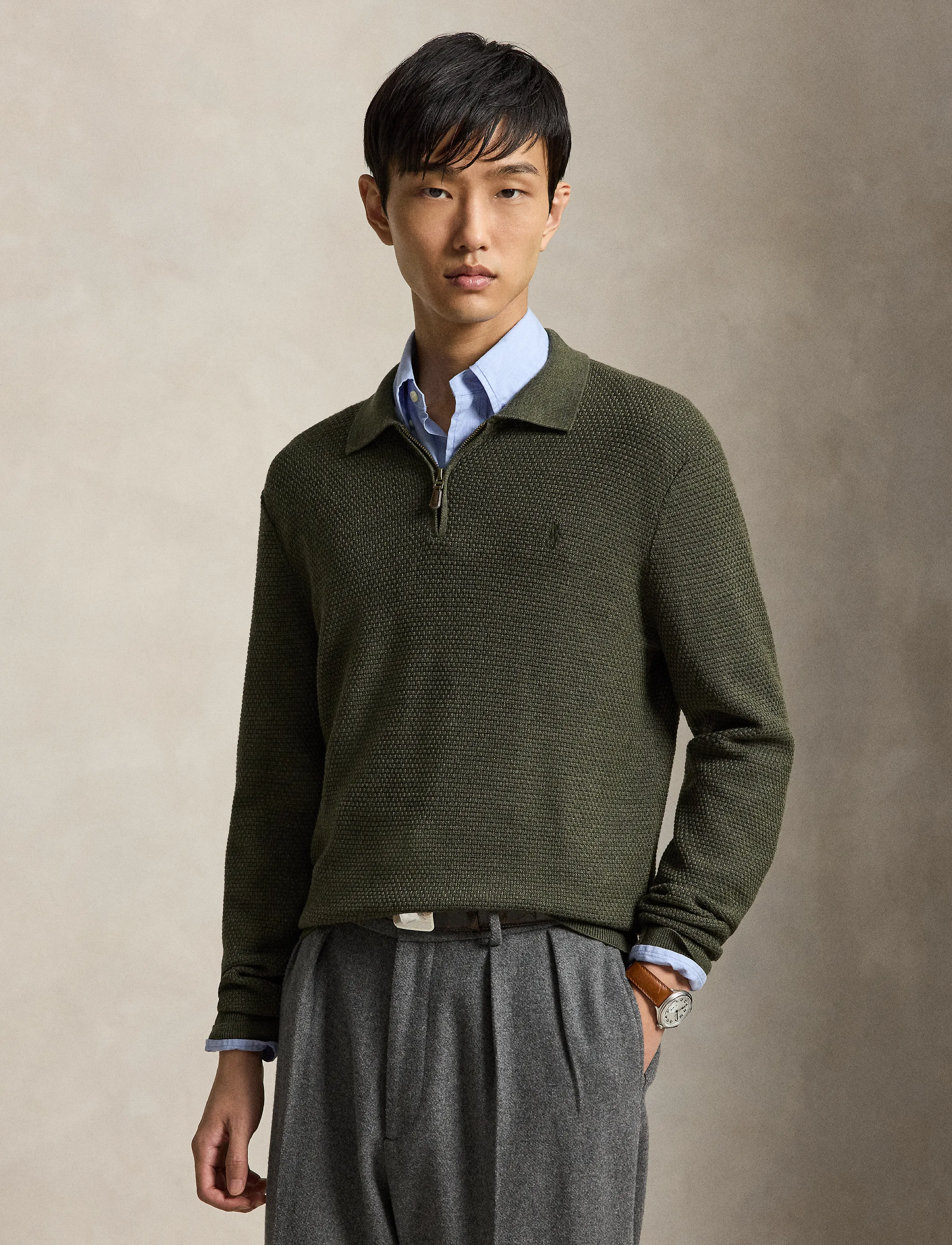 Polo Ralph Lauren - Washable Wool Polo-Collar Sweater - tõmblukk-kaelusega dressipluusid - cargo olive heath - 1