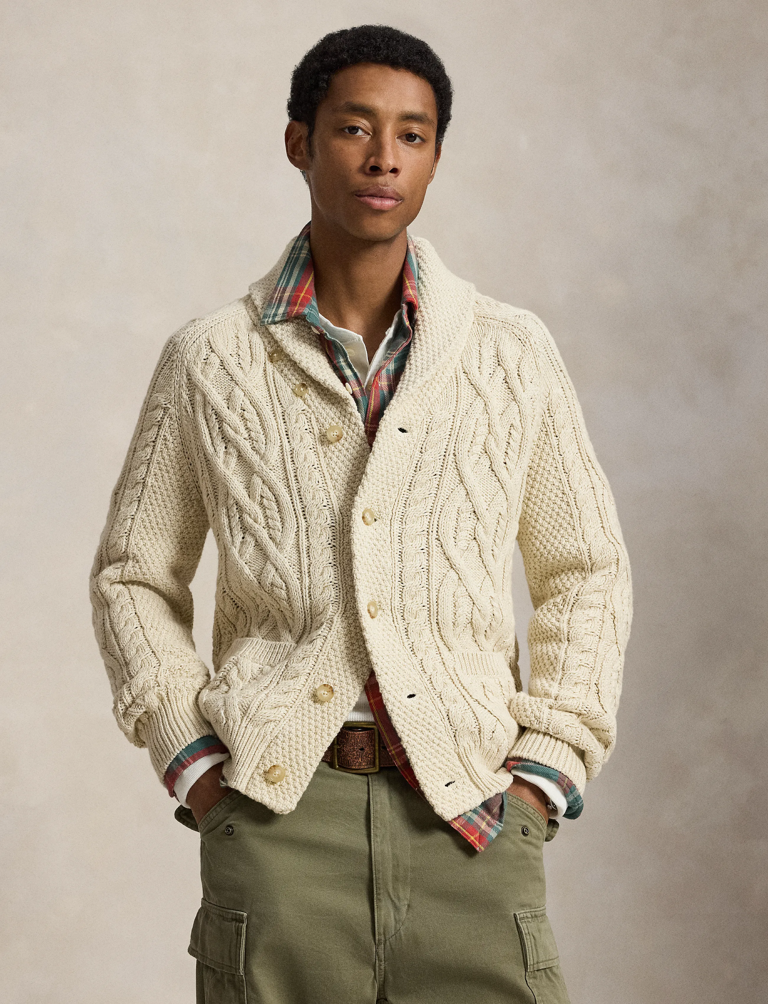 Polo Ralph Lauren Aran-Knit Cotton Shawl Cardigan, Herren, Aran Strick Schalkragen Cardigan, Creme, Gr.XS