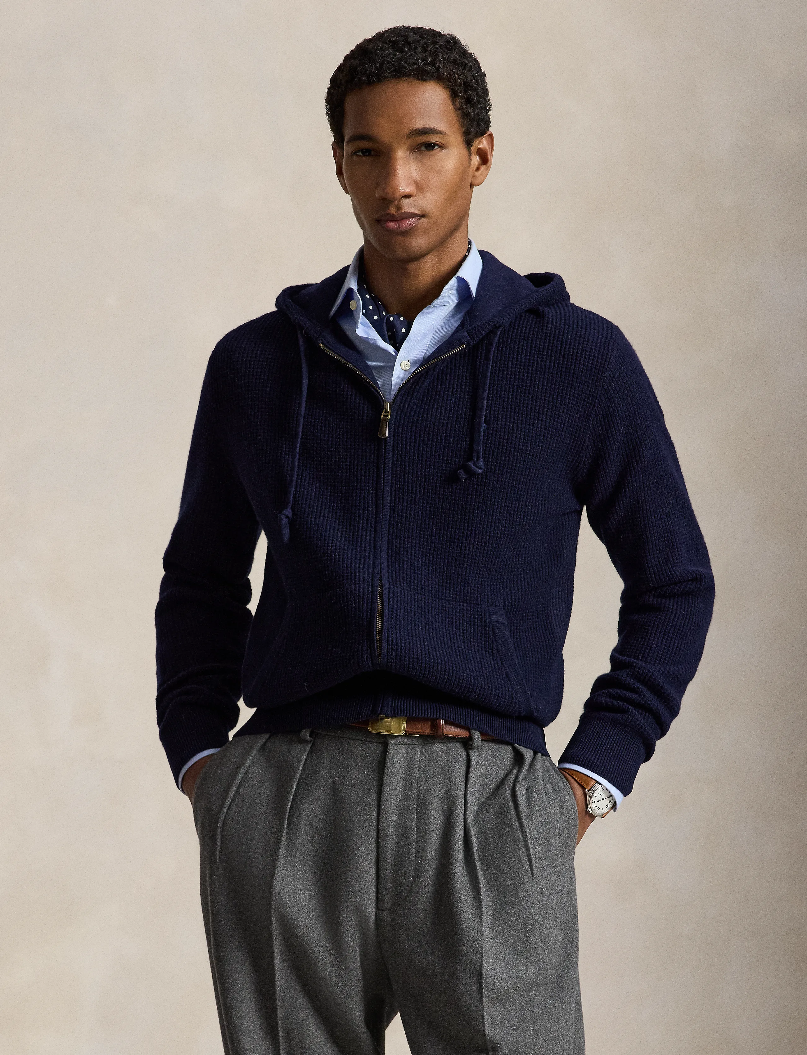 Polo Ralph Lauren Waffle-Knit Wool-Cotton Hooded Sweater - Vis alt - HUNTER NAVY / navy