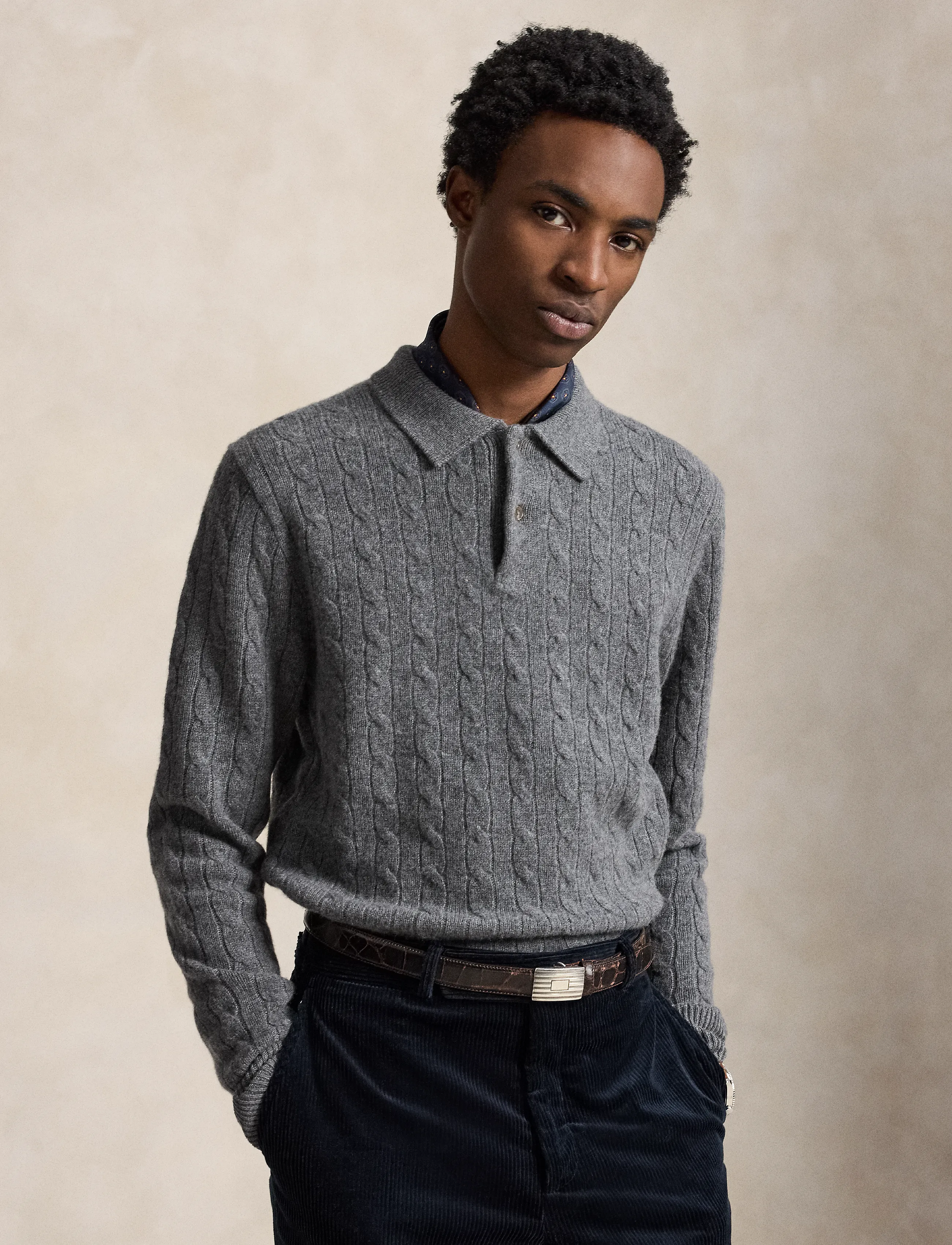Polo Ralph Lauren Cable-Knit Cashmere Polo-Collar Sweater - Strickmode - STATIC GREY HEATH / grey