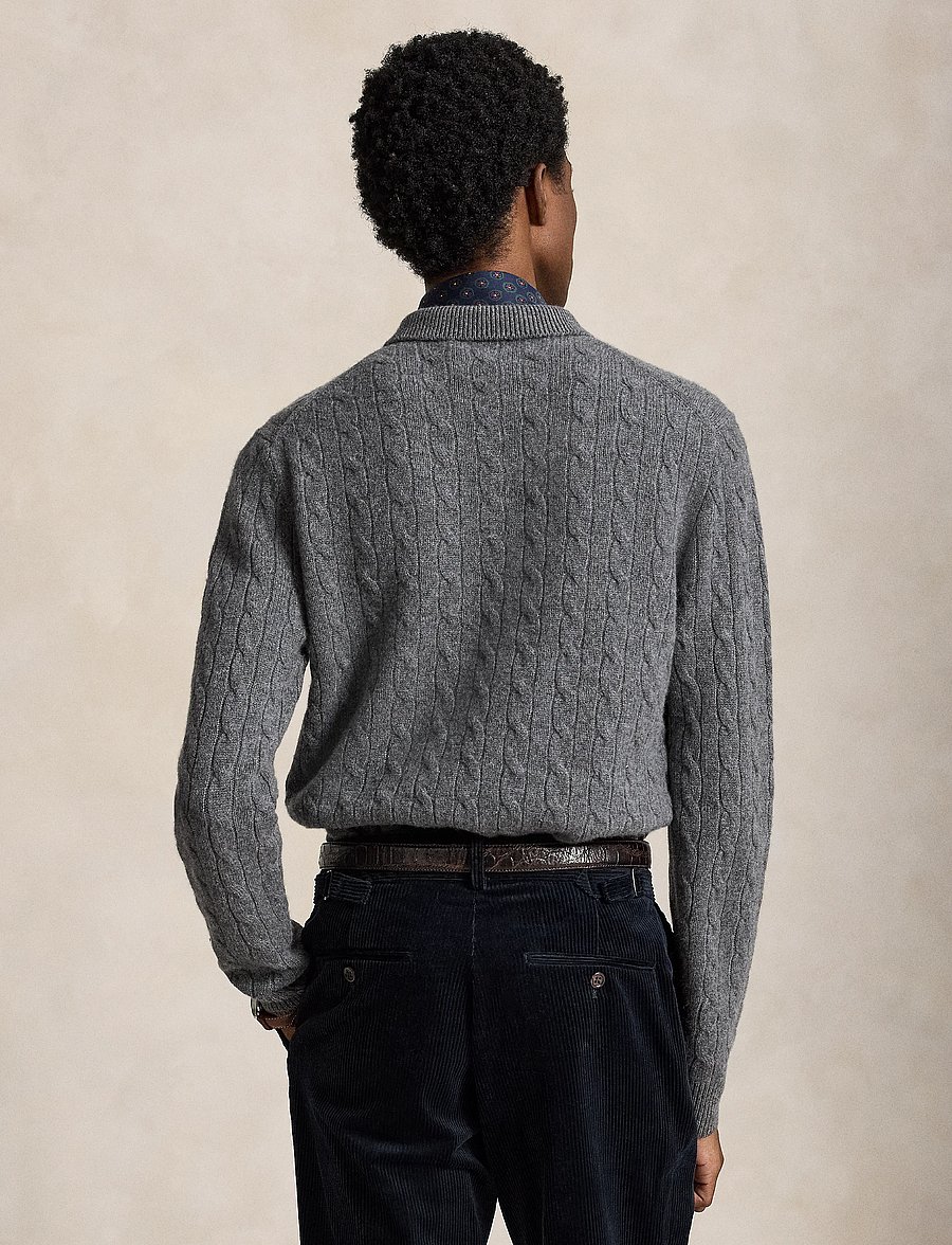 Polo Ralph Lauren - Cable-Knit Cashmere Polo-Collar Sweater - trikotažiniai polo marškinėliai ilgomis rankovėmis - static grey heath - 4