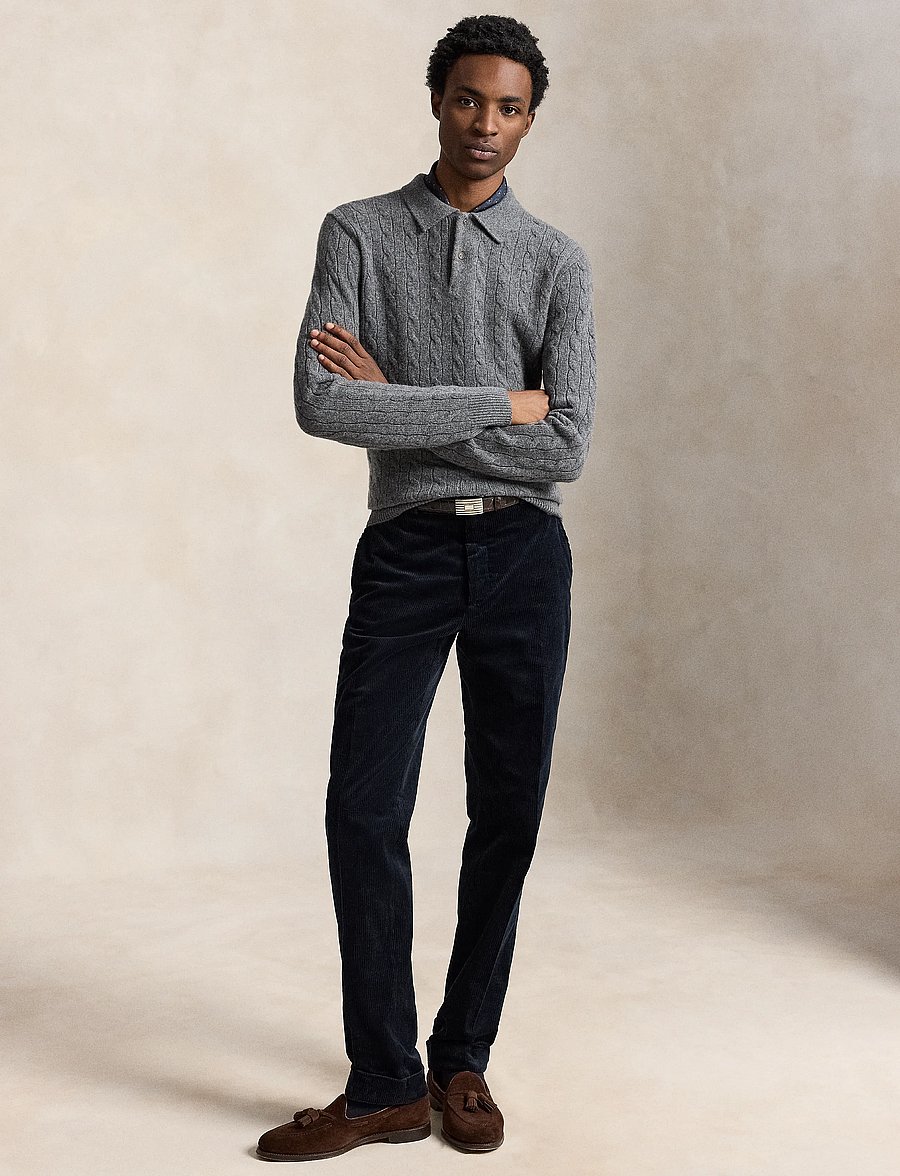 Polo Ralph Lauren - Cable-Knit Cashmere Polo-Collar Sweater - trikotažiniai polo marškinėliai ilgomis rankovėmis - static grey heath - 5