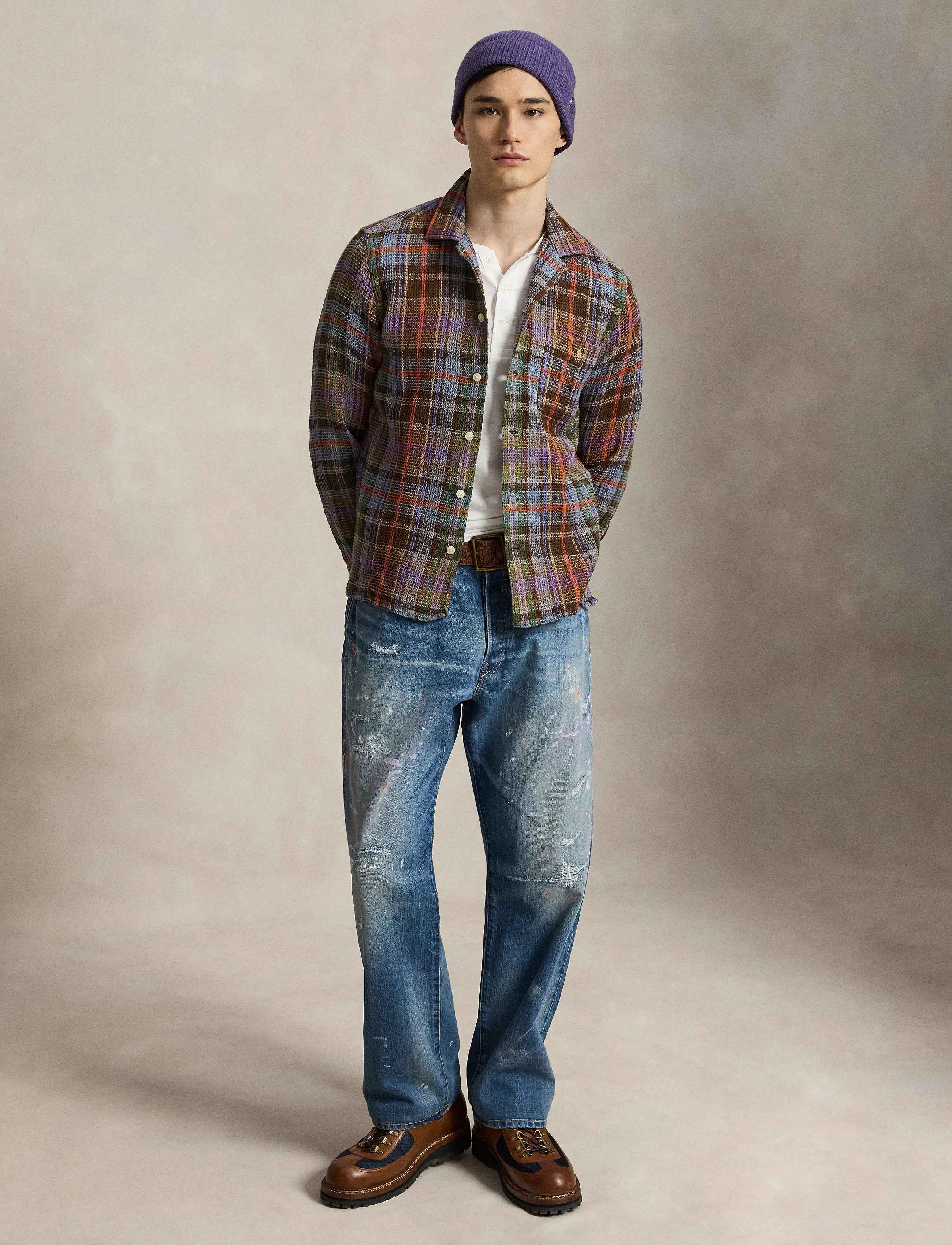 Polo Ralph Lauren Classic Fit Plaid Waffle Camp Shirt - Hemden - 7448A BROWN BLUE / multi