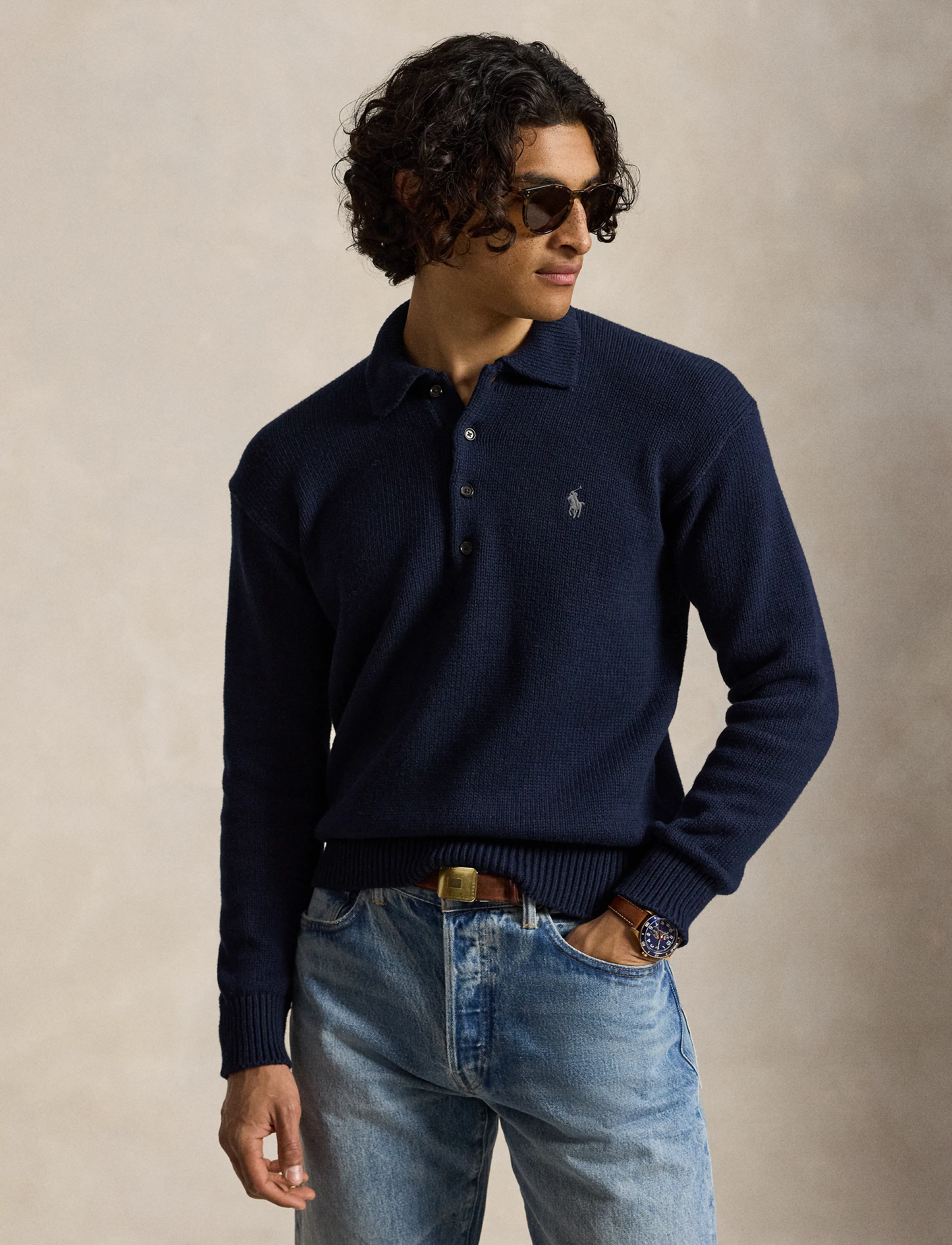 Relaxed Fit Cable Cotton Polo Sweater