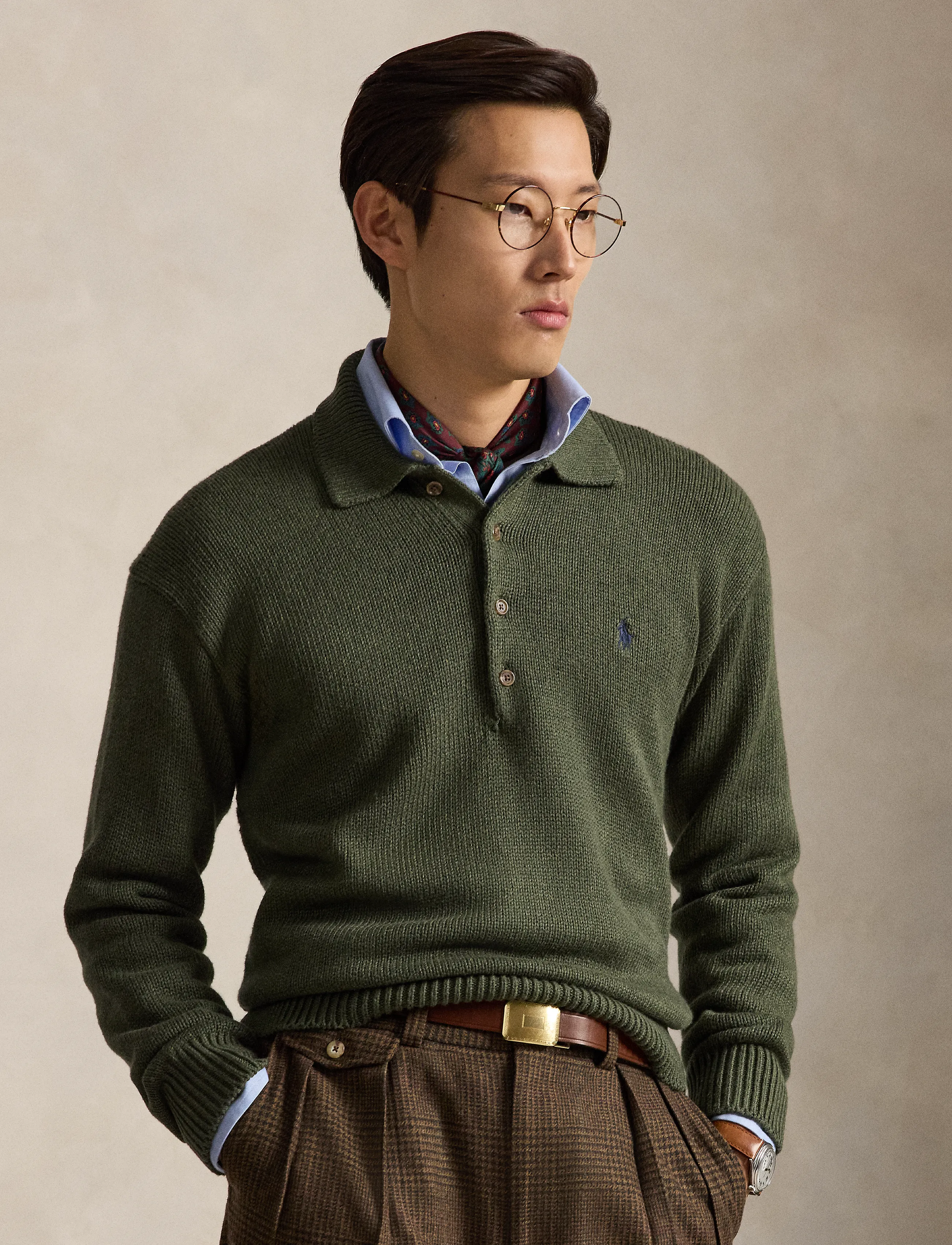 Polo Ralph Lauren - Relaxed Fit Cable Cotton Polo Sweater - poloer i strik med lange ærmer - olive shrub heath - 3