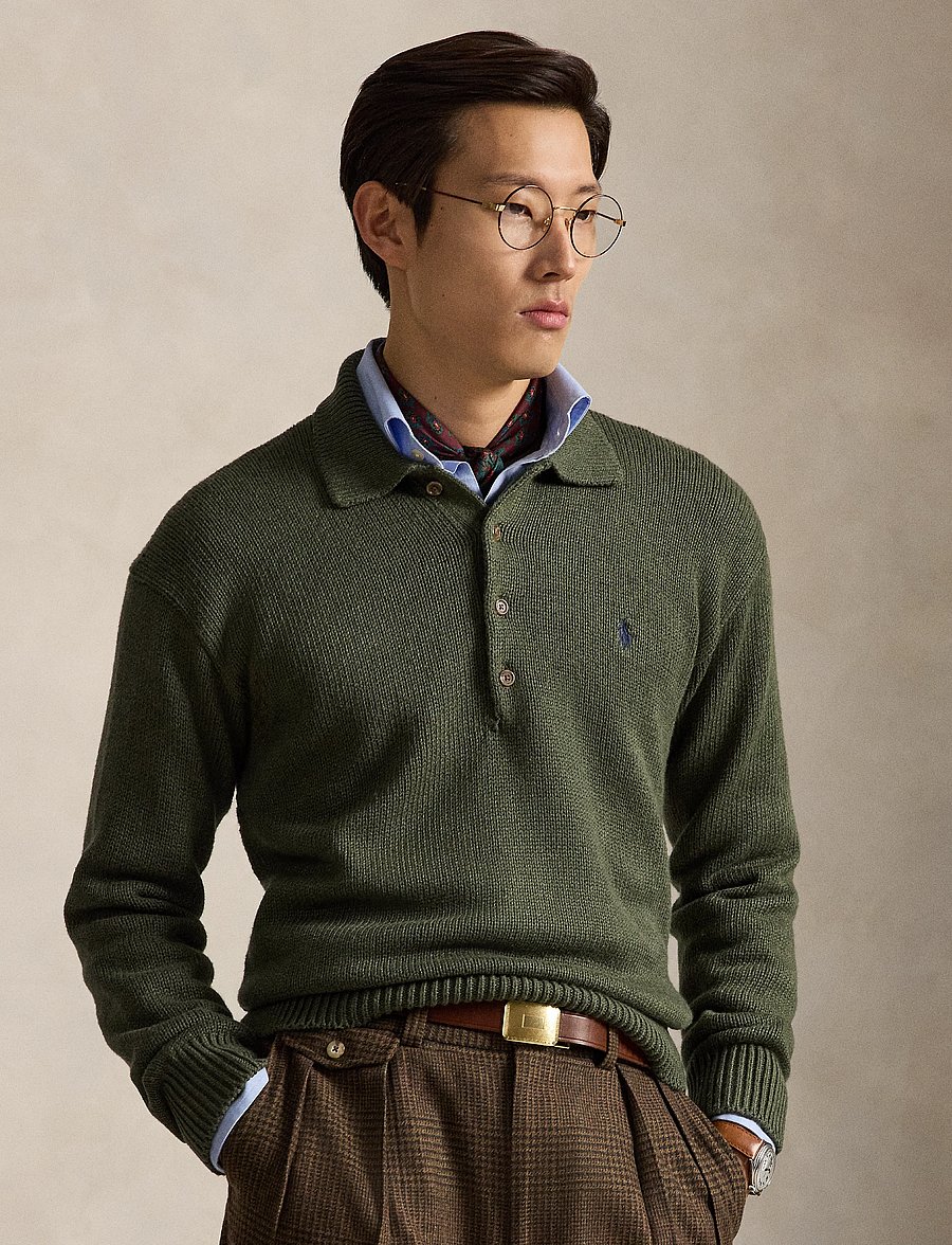 Polo Ralph Lauren - Relaxed Fit Cable Cotton Polo Sweater - poloer i strik med lange ærmer - olive shrub heath - 3