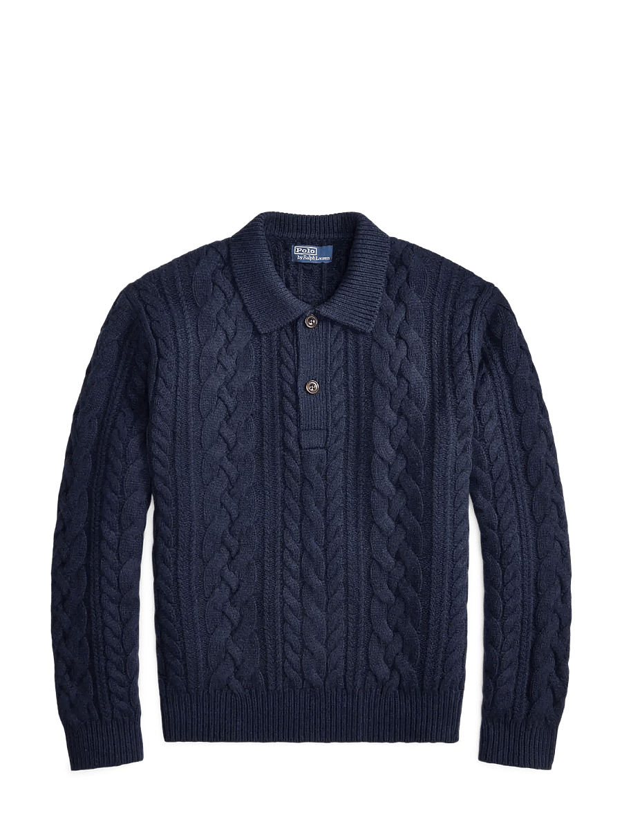 Polo Ralph Lauren - Aran-stickad pikétröja i ullblandning - långärmade stickade pikétröjor - glaucus nvy hthr - 2