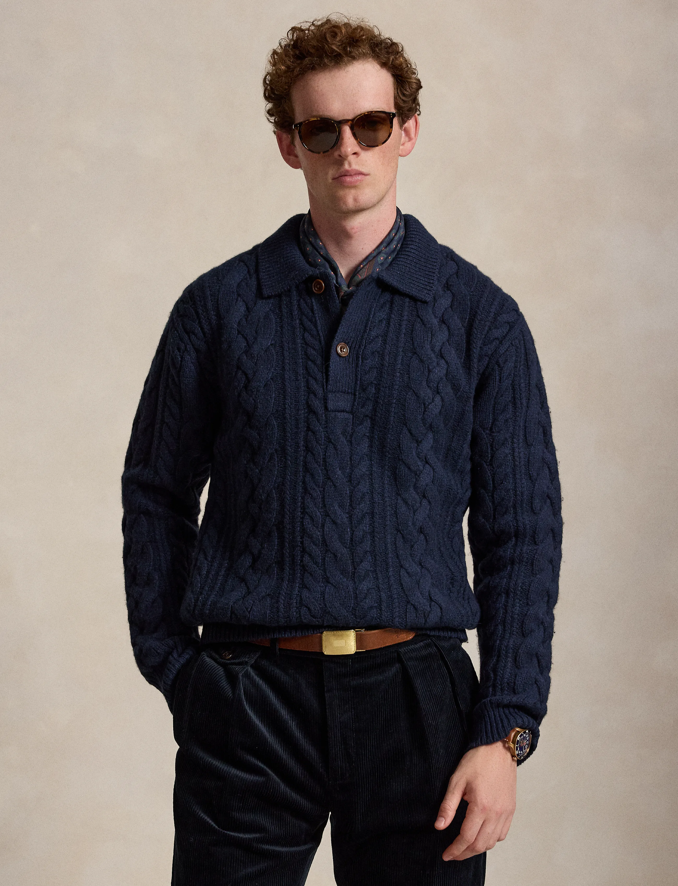 Polo Ralph Lauren Aran-Knit Wool-Blend Polo-Collar Sweater - Knitted polos - GLAUCUS NVY HTHR / navy