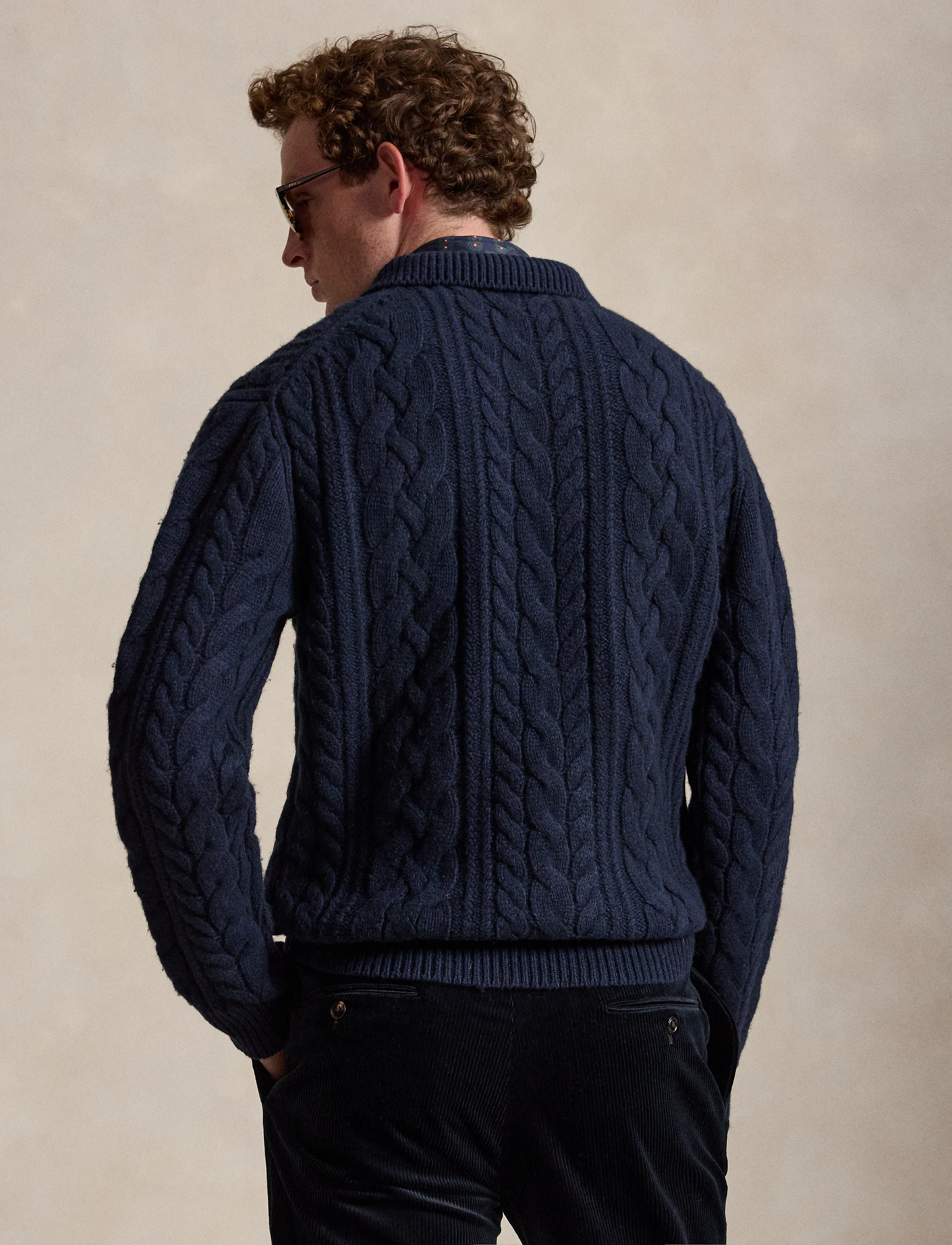 Polo Ralph Lauren - Aran-Knit Wool-Blend Polo-Collar Sweater - glaucus nvy hthr - 3