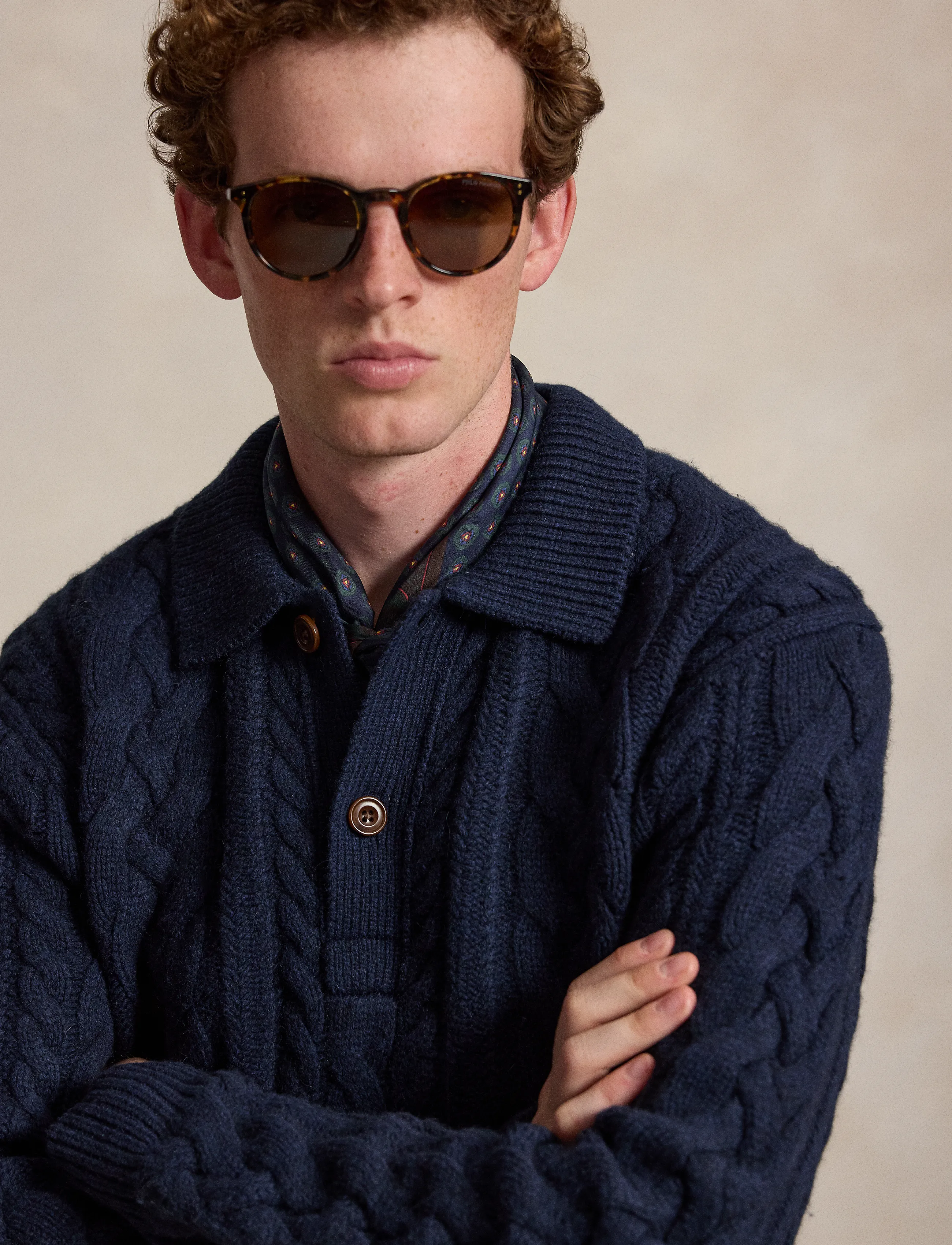 Polo Ralph Lauren - Aran-Knit Wool-Blend Polo-Collar Sweater - glaucus nvy hthr - 4