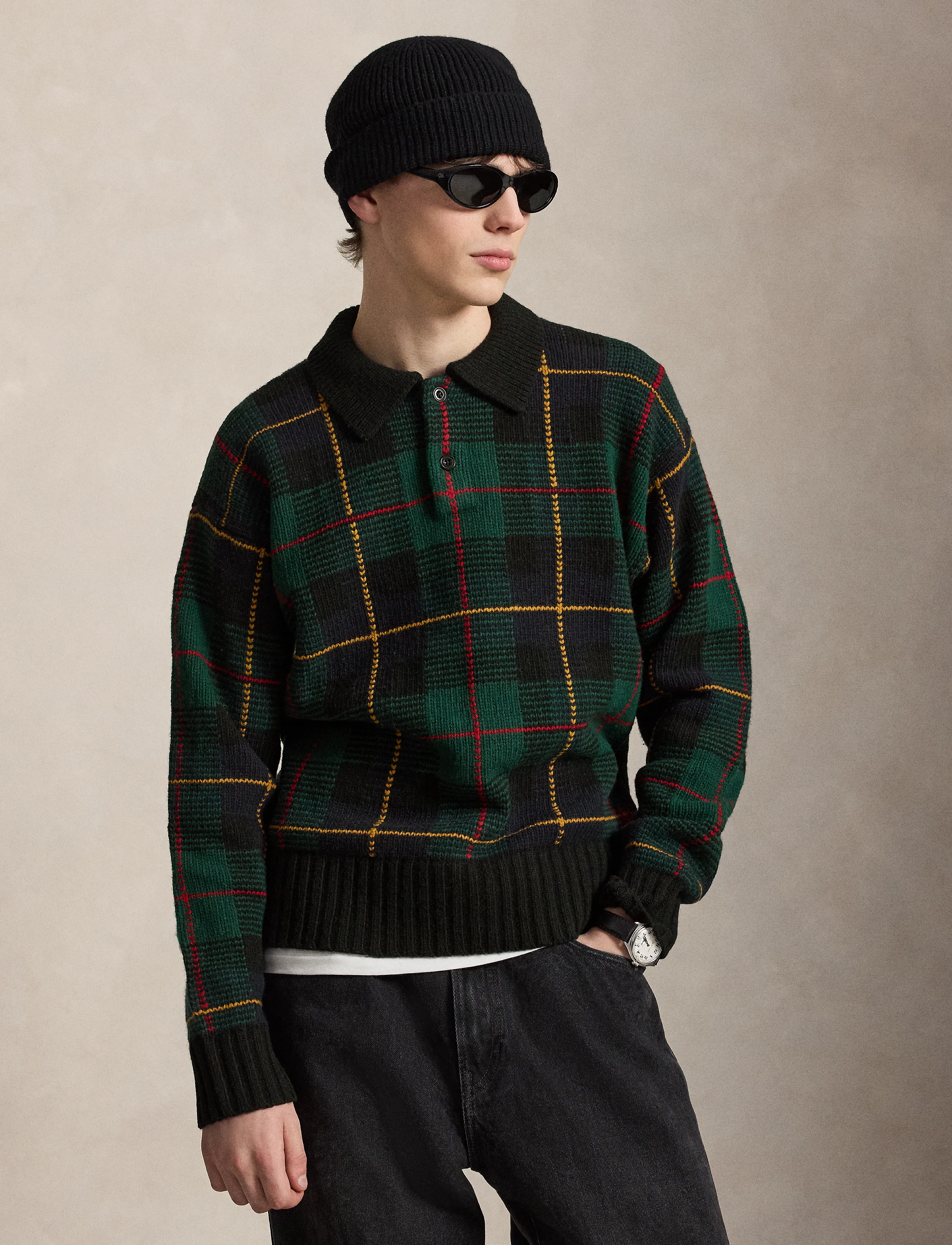 Polo Ralph Lauren Relaxed Fit Plaid Wool Polo Sweater - Kudumid - BLACK COMBO / black