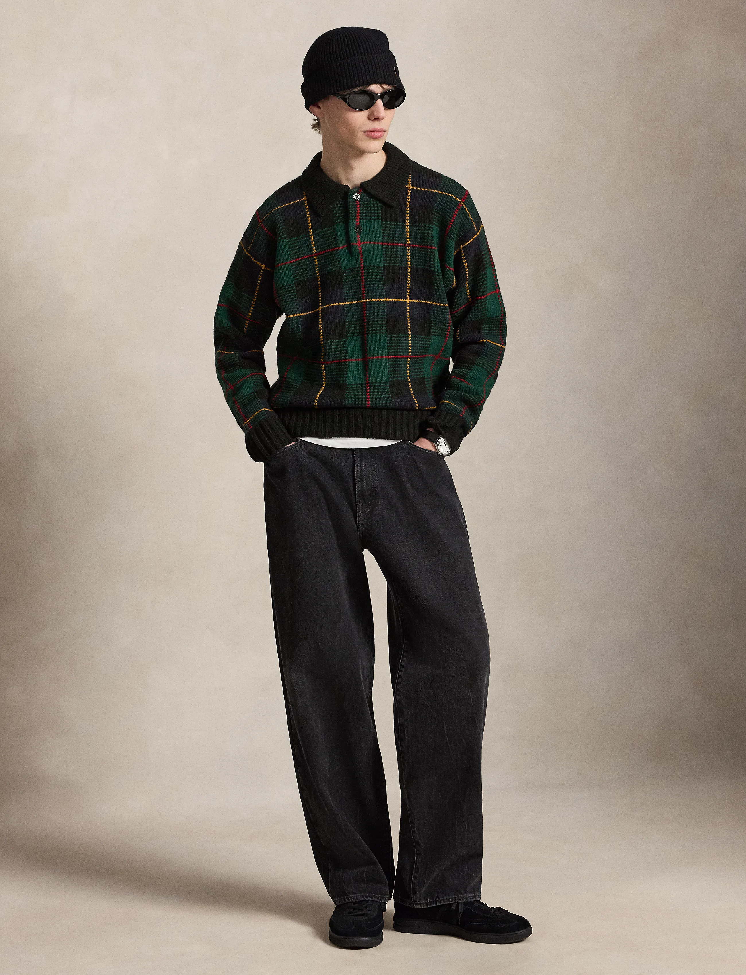 Polo Ralph Lauren - Relaxed Fit Plaid Wool Polo Sweater - black combo - 4