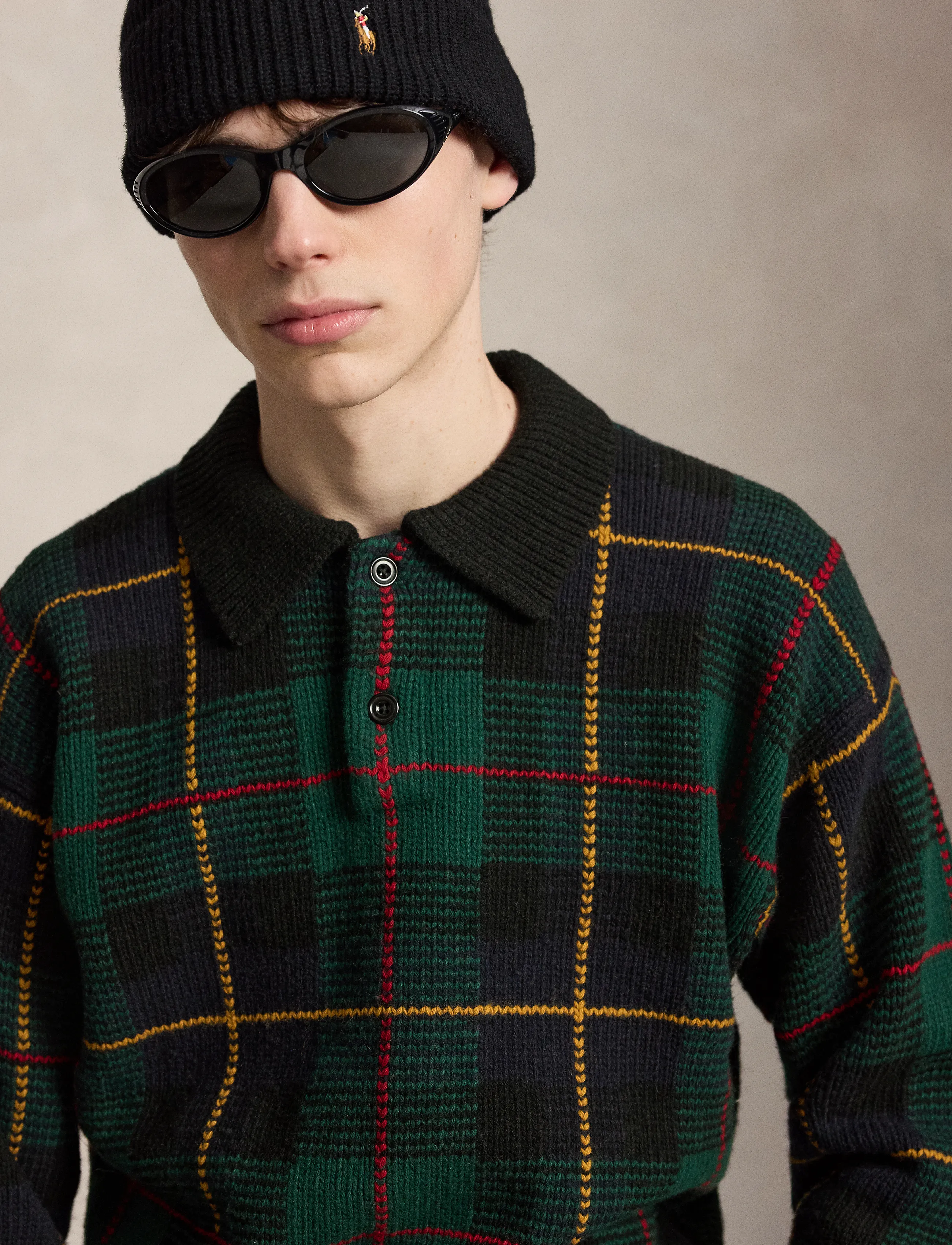 Polo Ralph Lauren - Relaxed Fit Plaid Wool Polo Sweater - black combo - 5