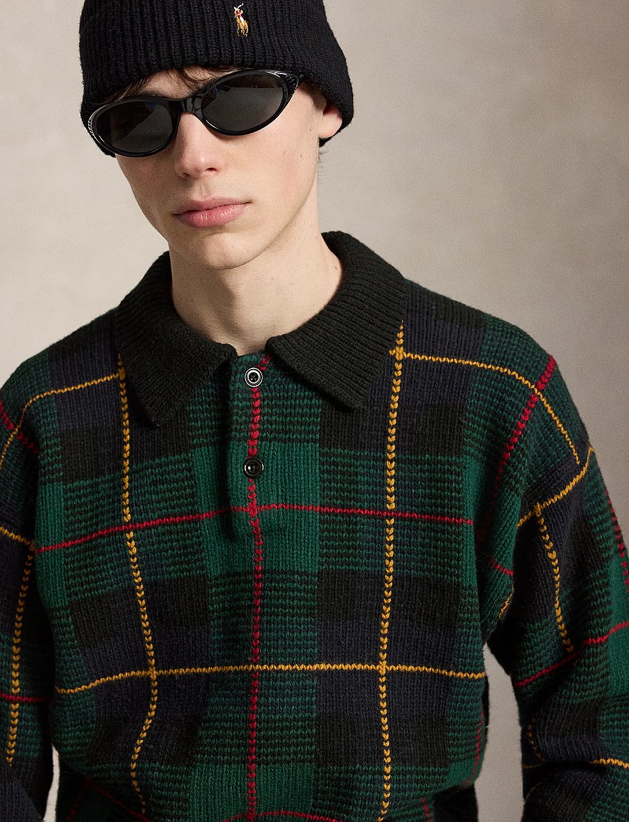 Polo Ralph Lauren - Relaxed Fit Plaid Wool Polo Sweater - black combo - 5