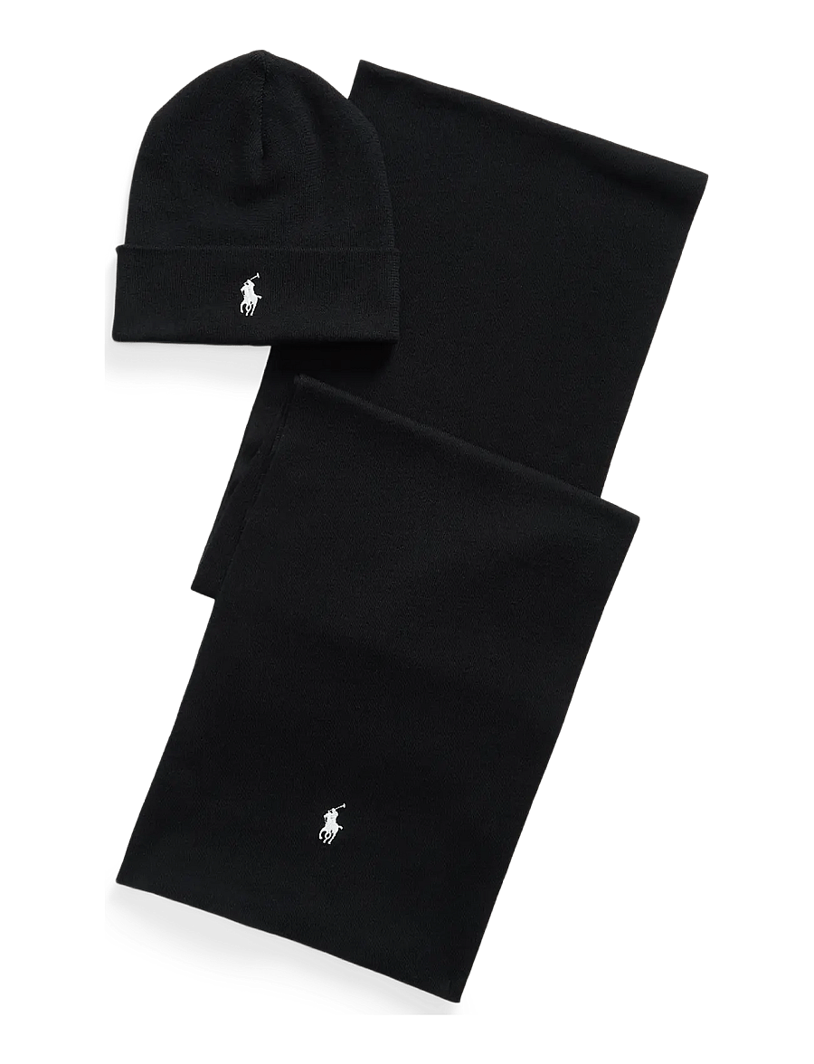 Polo Ralph Lauren - Rib-Knit Cotton Beanie & Scarf Gift Set - halstørklæder - polo black w/ c17 - 0
