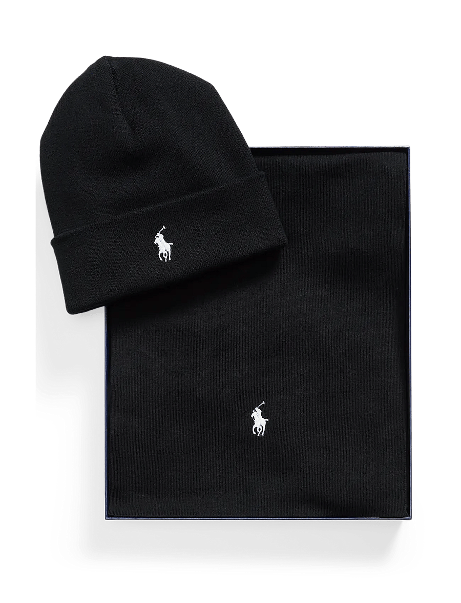 Polo Ralph Lauren - Rib-Knit Cotton Beanie & Scarf Gift Set - halstørklæder - polo black w/ c17 - 1
