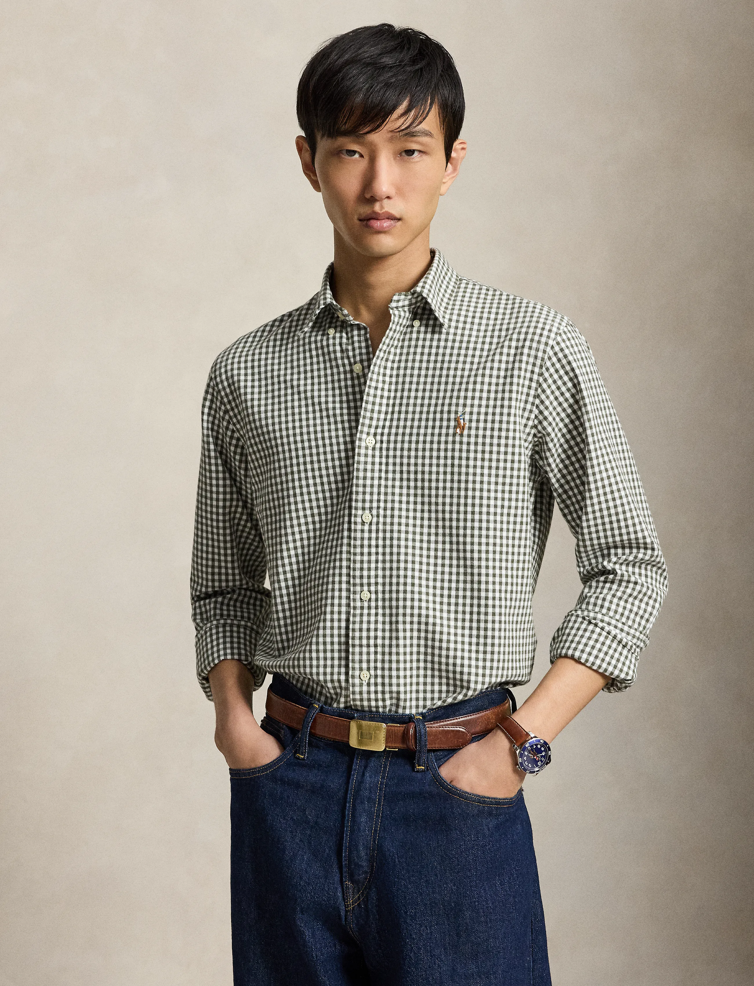 Polo Ralph Lauren Custom Fit Gingham Oxford Shirt - Ternede skjorter - 7523B WHITE OLIVE / green