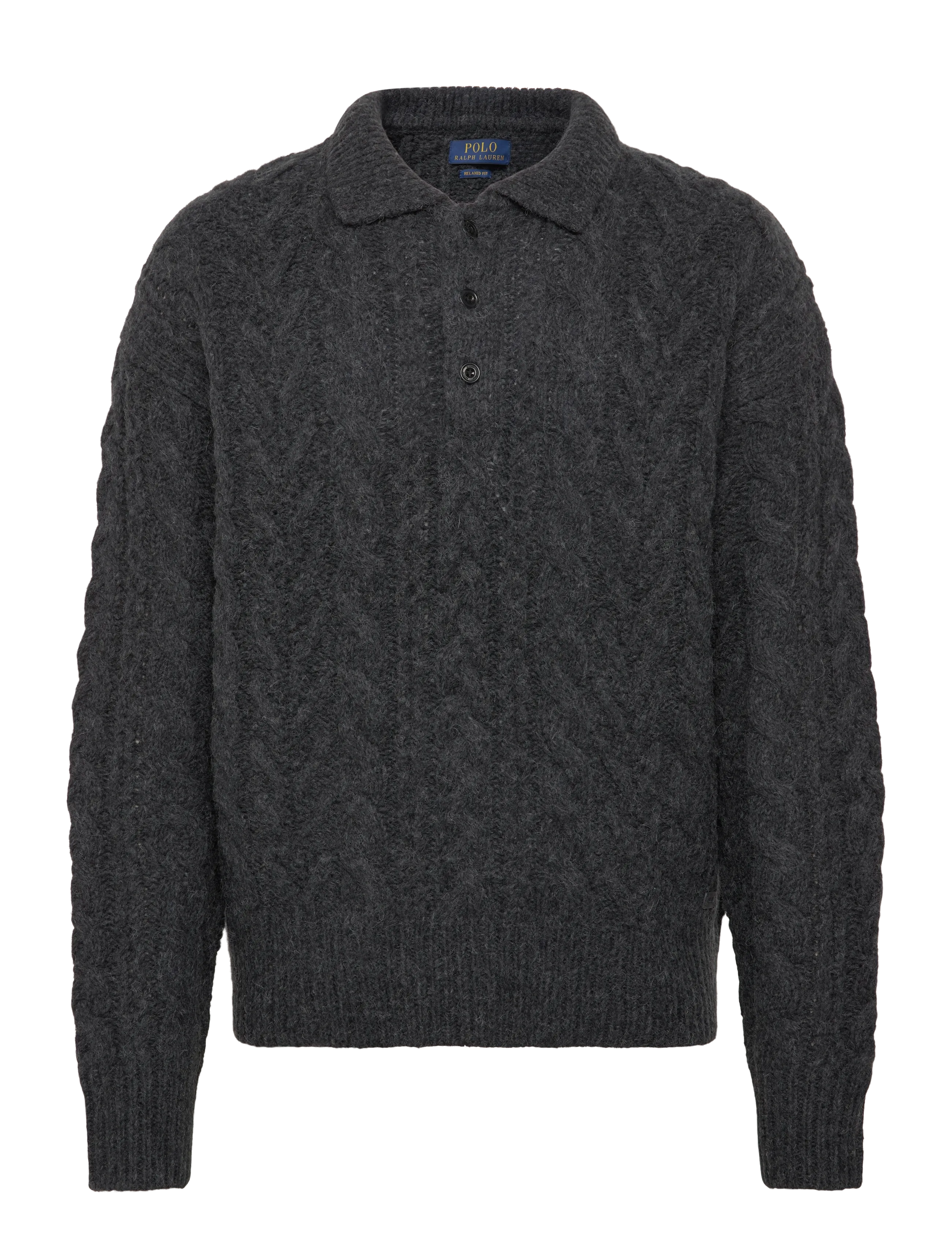 Polo Ralph Lauren Relaxed Aran-Knit Polo-Collar Sweater - Polostrik - HAWK'S EYE HTHR / grey