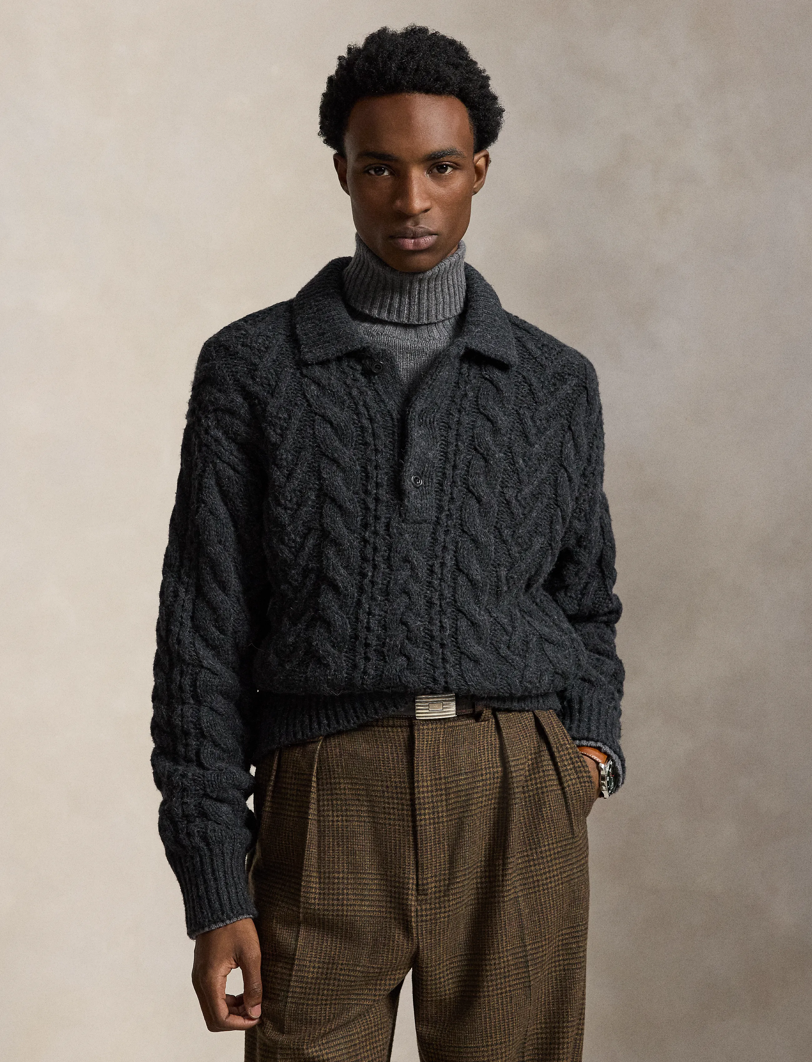 Polo Ralph Lauren - Relaxed Aran-Knit Polo-Collar Sweater - hawk's eye hthr - 0