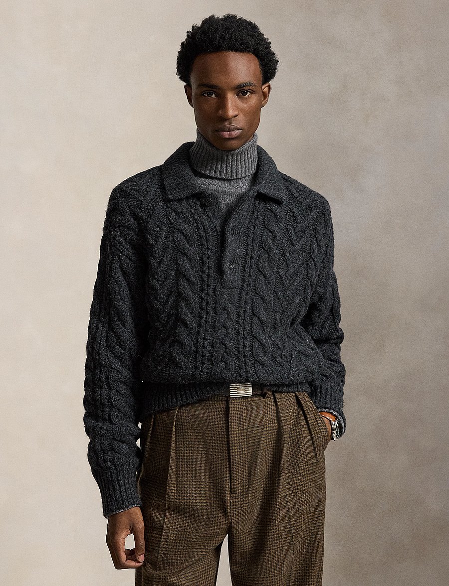 Polo Ralph Lauren - Relaxed Aran-Knit Polo-Collar Sweater - hawk's eye hthr - 0