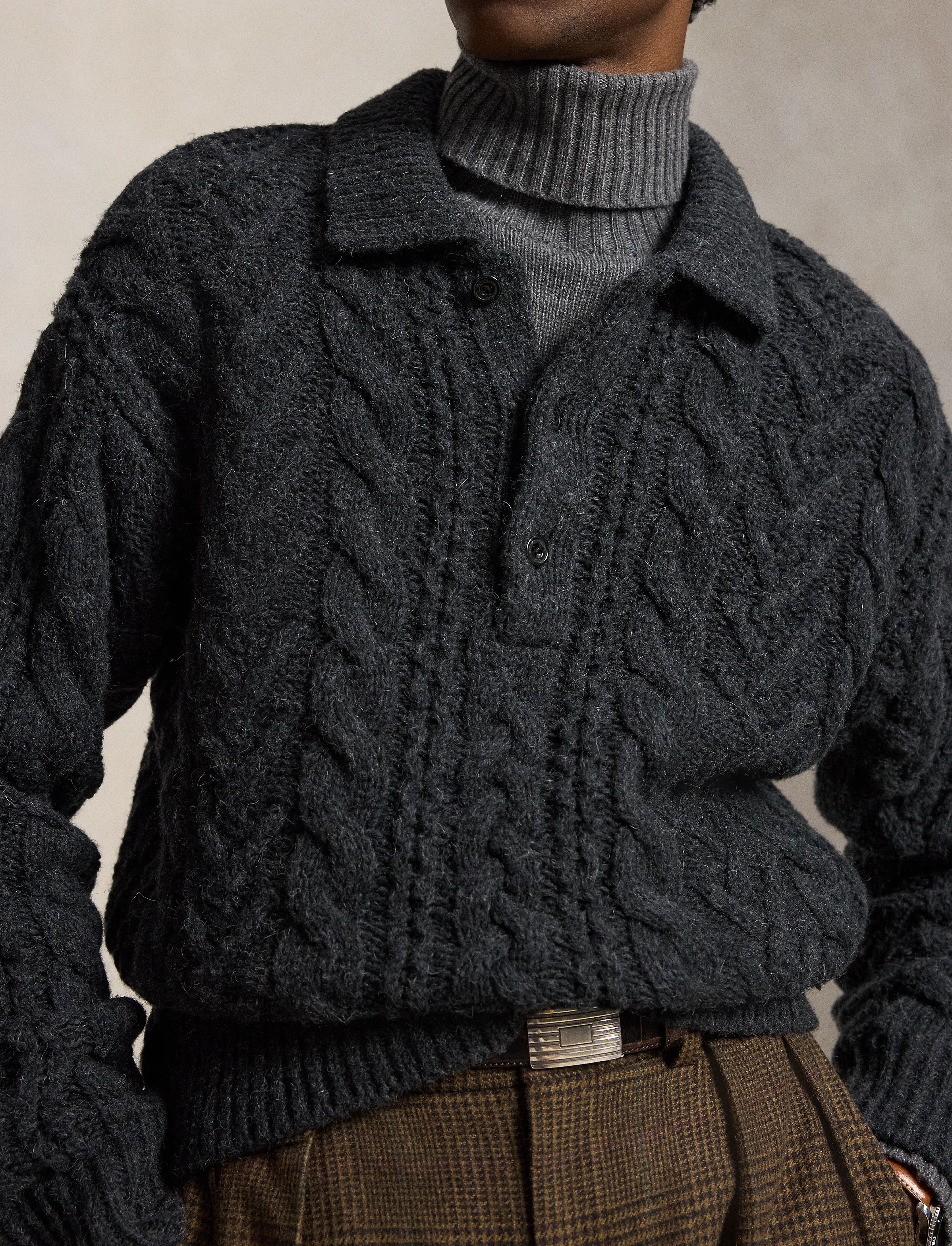 Polo Ralph Lauren - Relaxed Aran-Knit Polo-Collar Sweater - hawk's eye hthr - 3