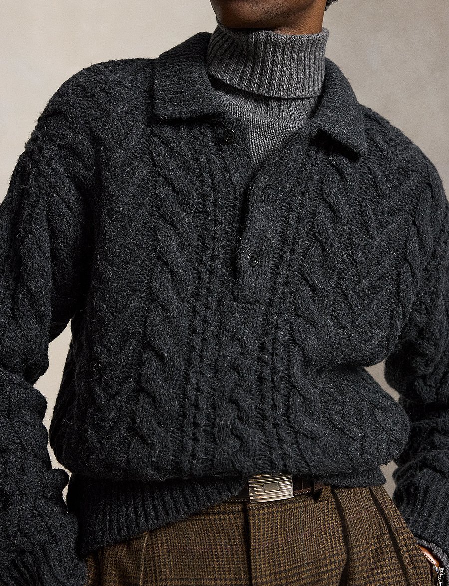 Polo Ralph Lauren - Relaxed Aran-Knit Polo-Collar Sweater - hawk's eye hthr - 3
