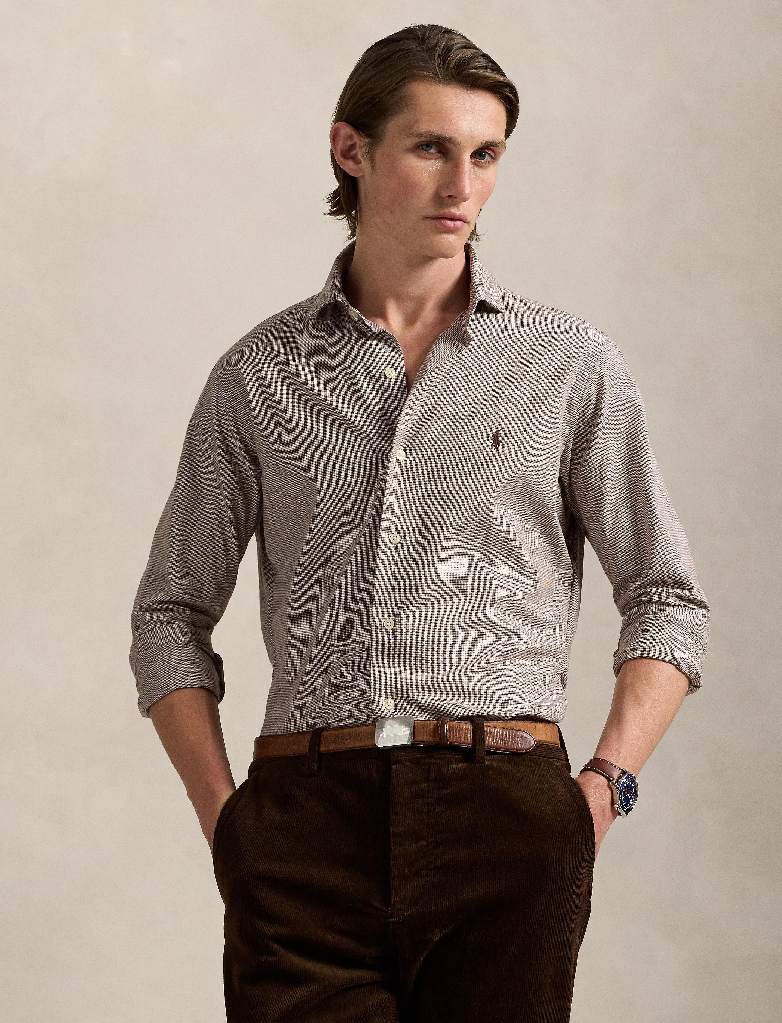 Polo Ralph Lauren - Custom Fit Houndstooth Twill Shirt - 6942c cream brown - 3