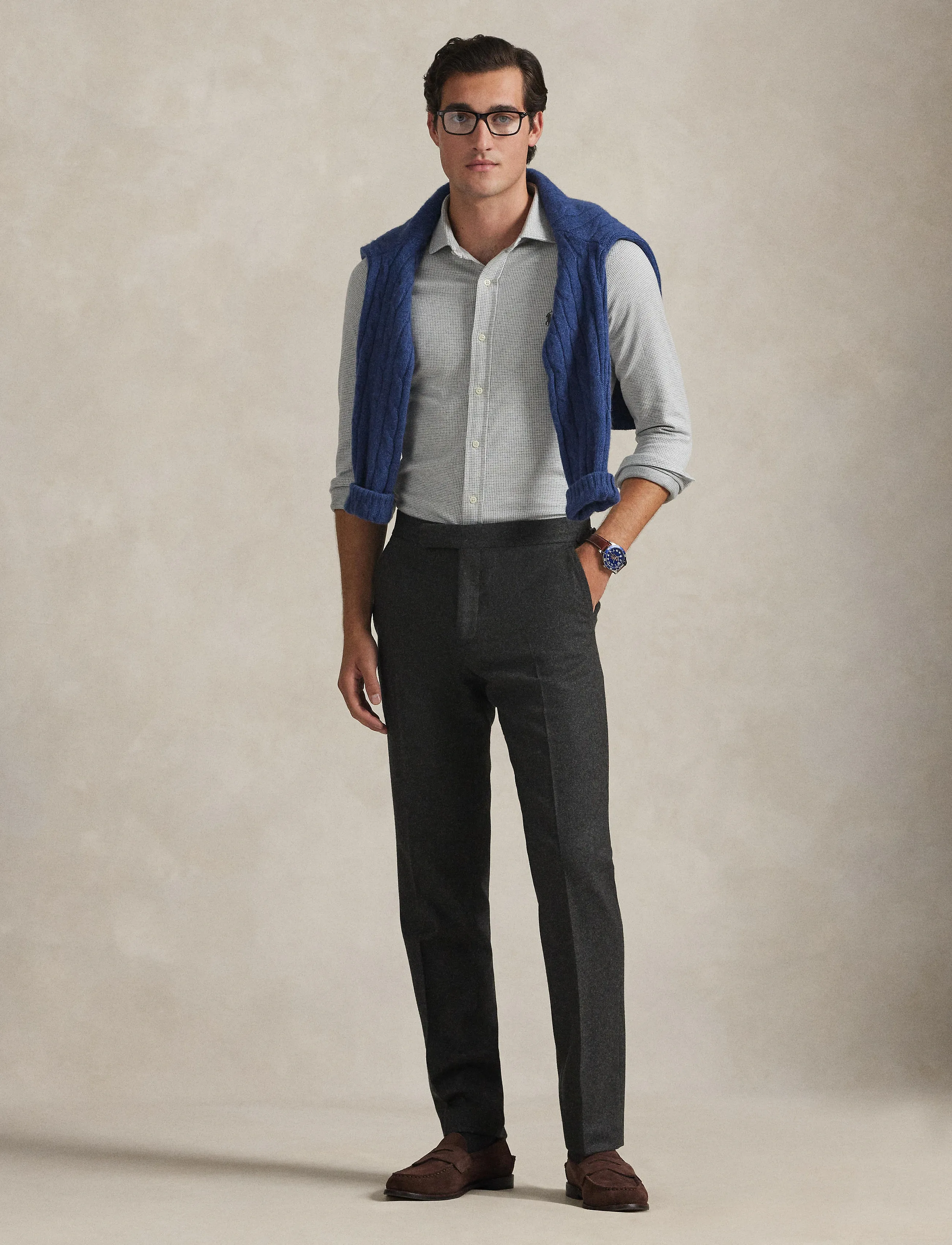 Polo Ralph Lauren Houndstooth Jersey Spread-Collar Shirt - Odzież - ANTIQUE CREAM PUP / grey