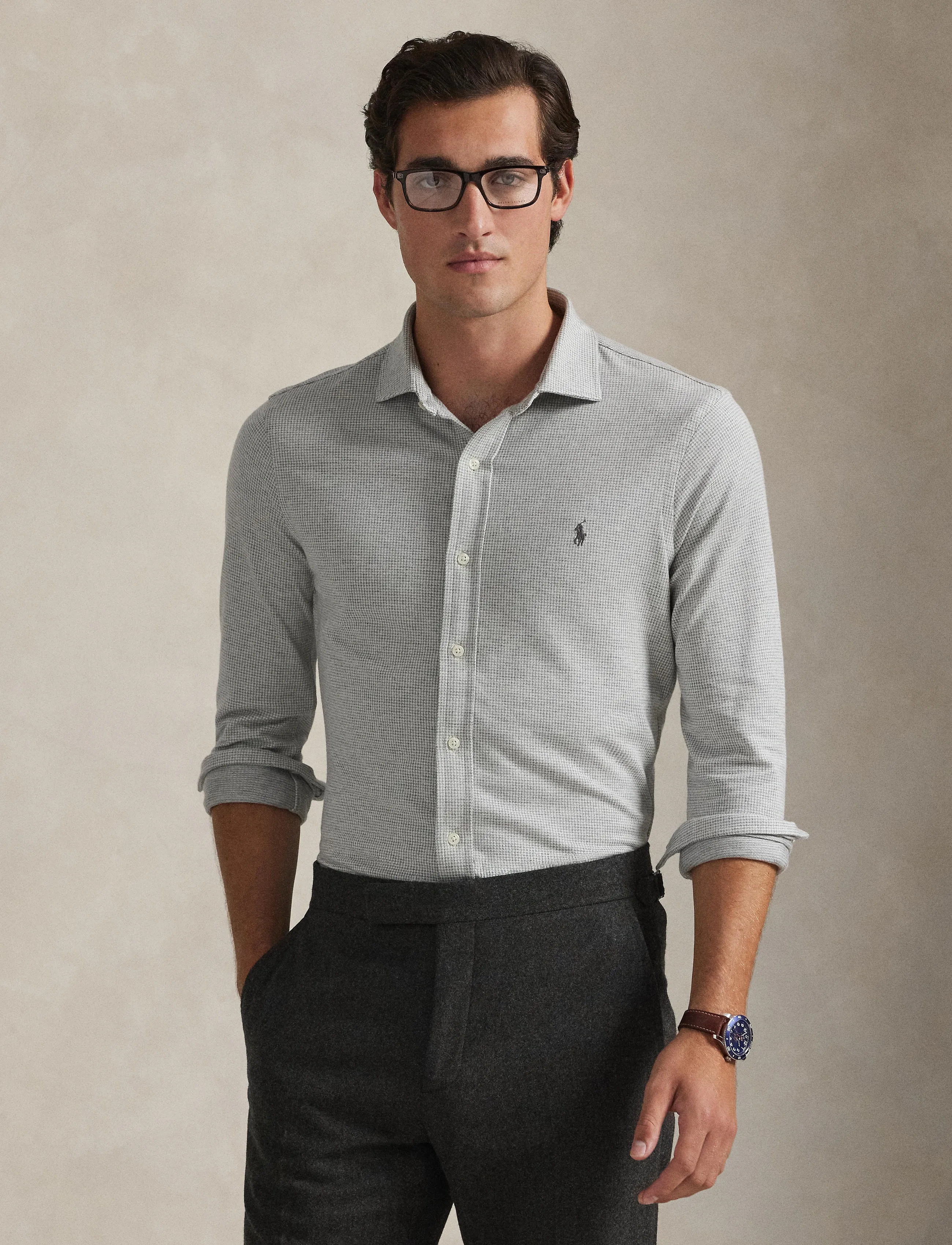 Polo Ralph Lauren Houndstooth Jersey Spread-Collar Shirt - Polo Ralph Lauren - ANTIQUE CREAM PUP / grey