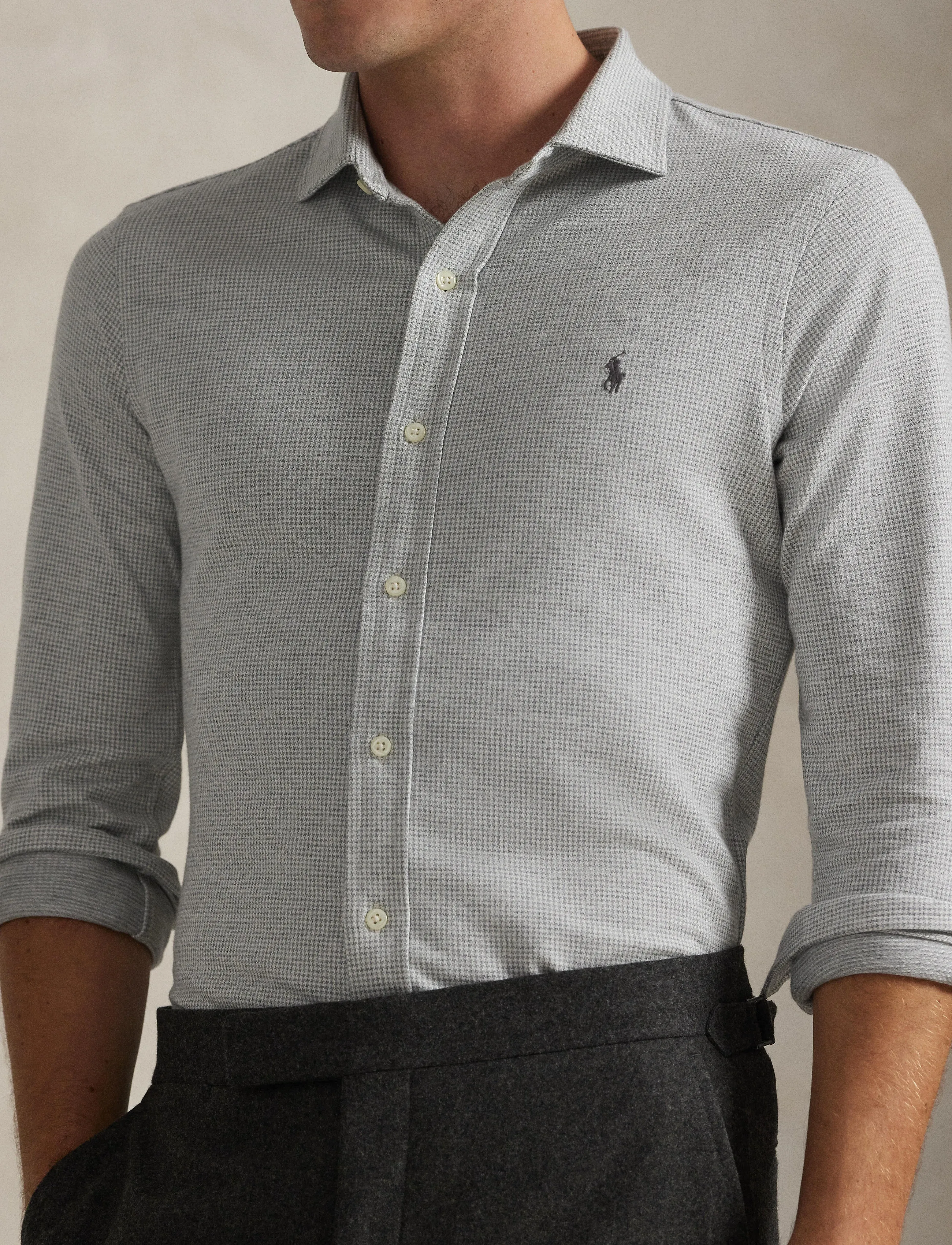 Polo Ralph Lauren - Houndstooth Jersey Spread-Collar Shirt - casual skjortor - antique cream pup - 4