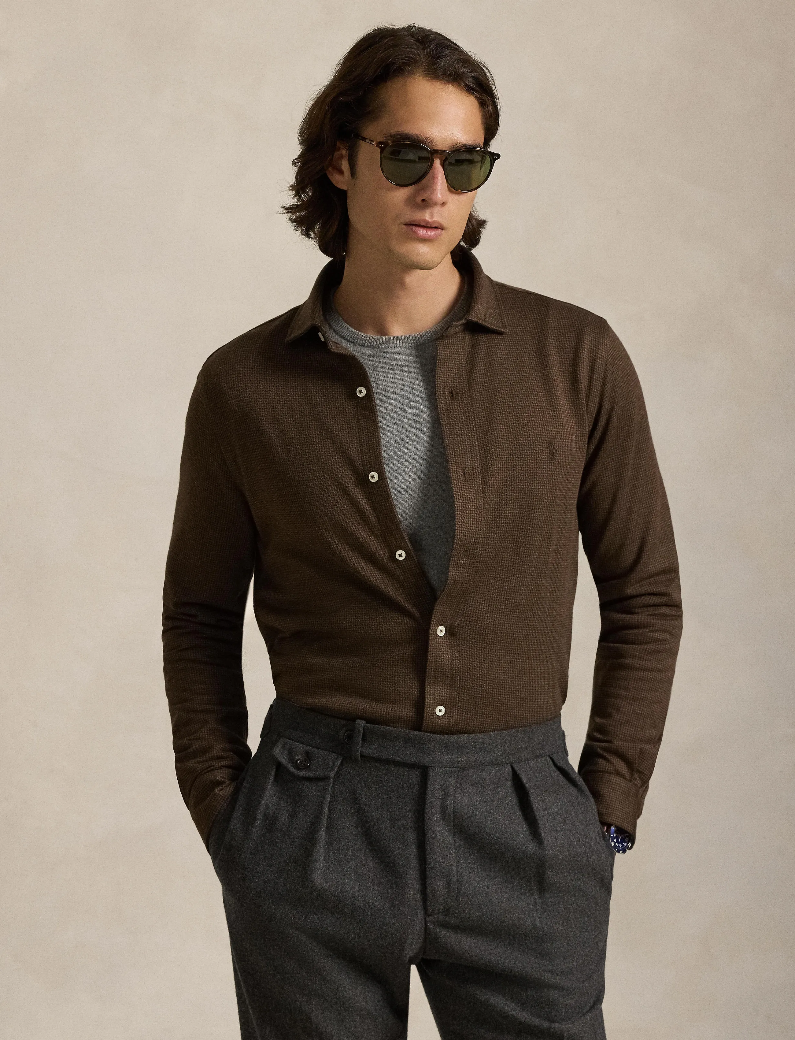 Polo Ralph Lauren Houndstooth Jersey Spread-Collar Shirt - Last chance - NUTMEG BROWN HTHR / brown