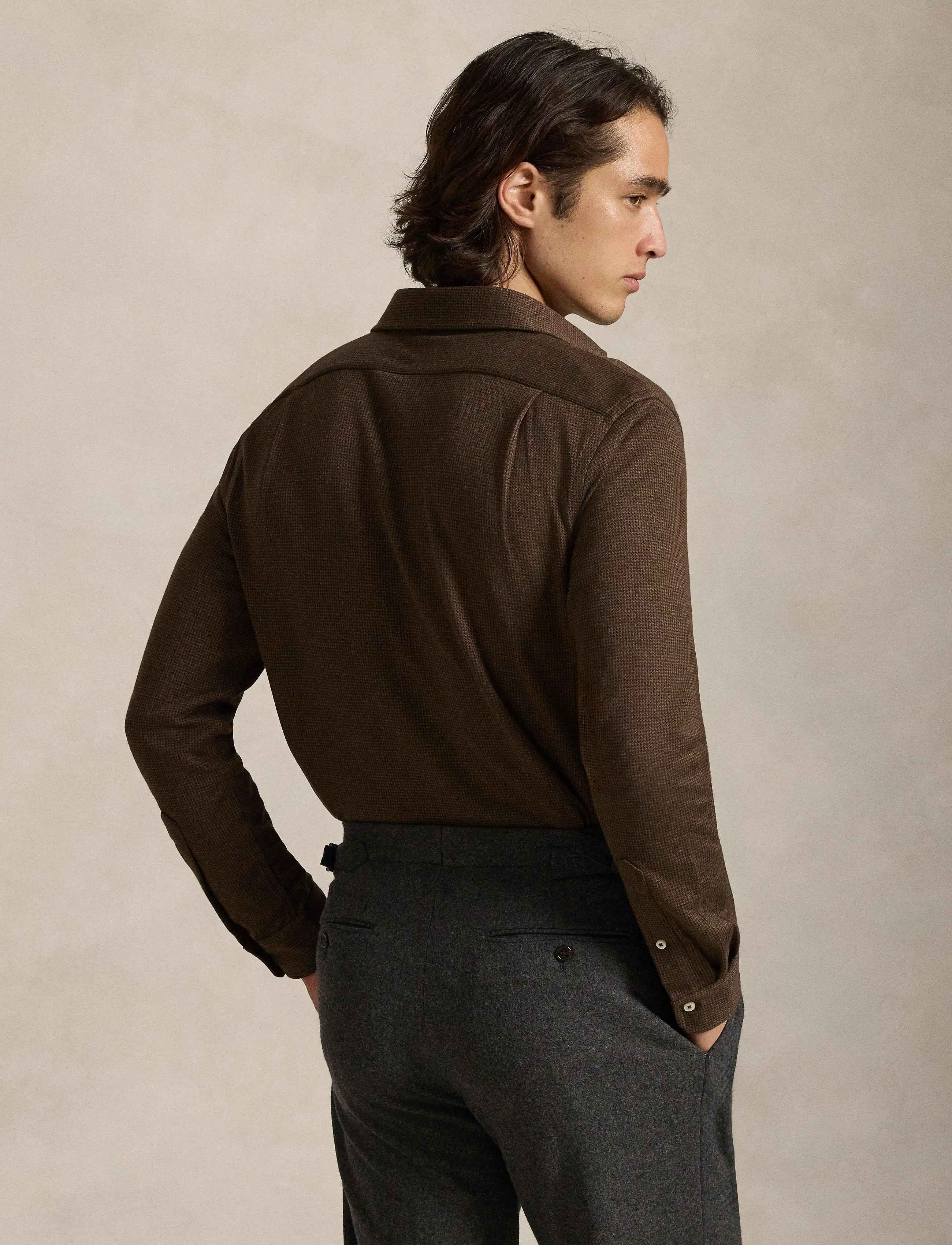 Polo Ralph Lauren Houndstooth Jersey Spread-Collar Shirt - Ralph Lauren - NUTMEG BROWN HTHR / brown