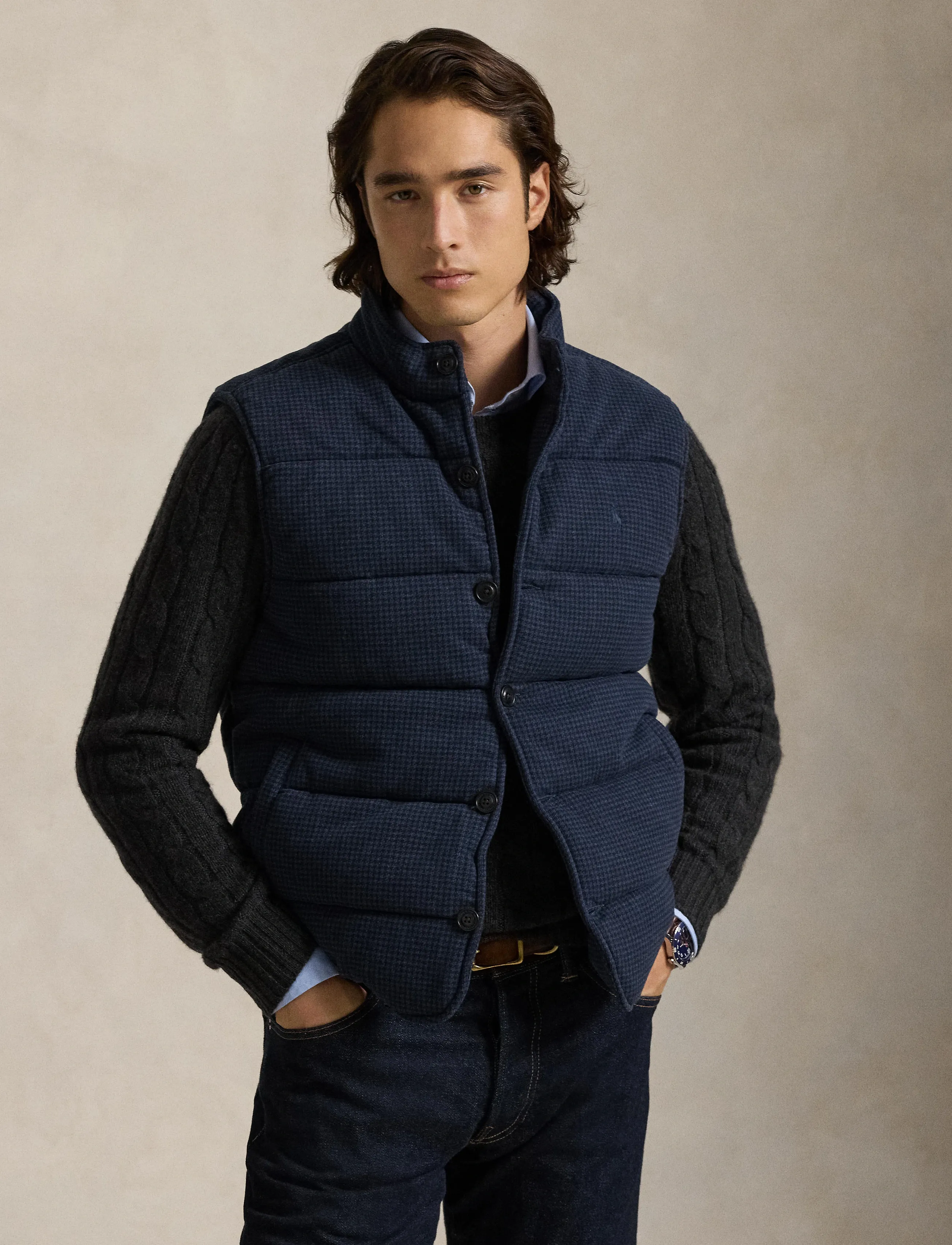 Polo Ralph Lauren Houndstooth-Print Estate-Rib Vest - Veste - WINTER NAVY HTR/D / navy