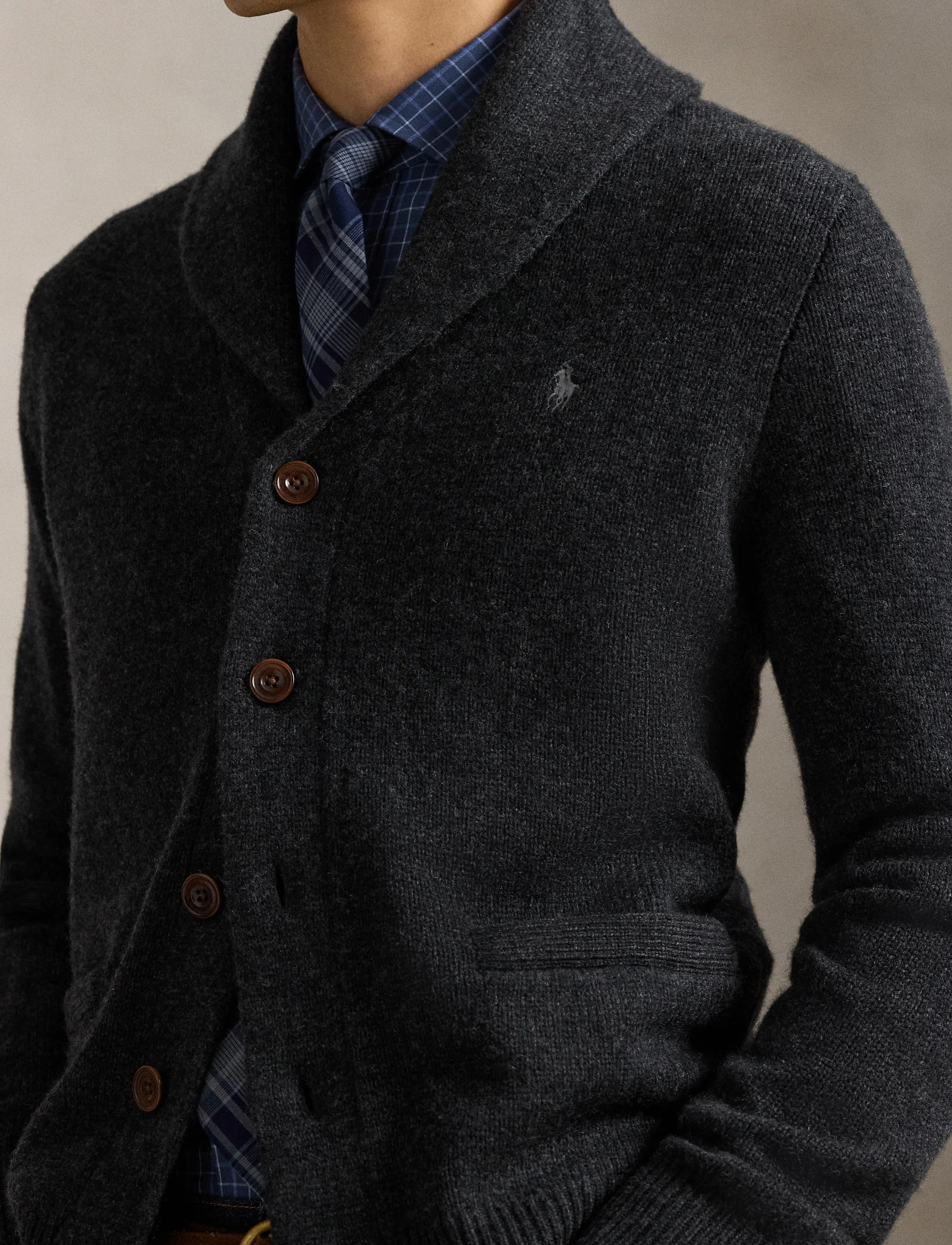 Polo Ralph Lauren - Wool-Cashmere Shawl-Collar Cardigan - dark granite heat - 4