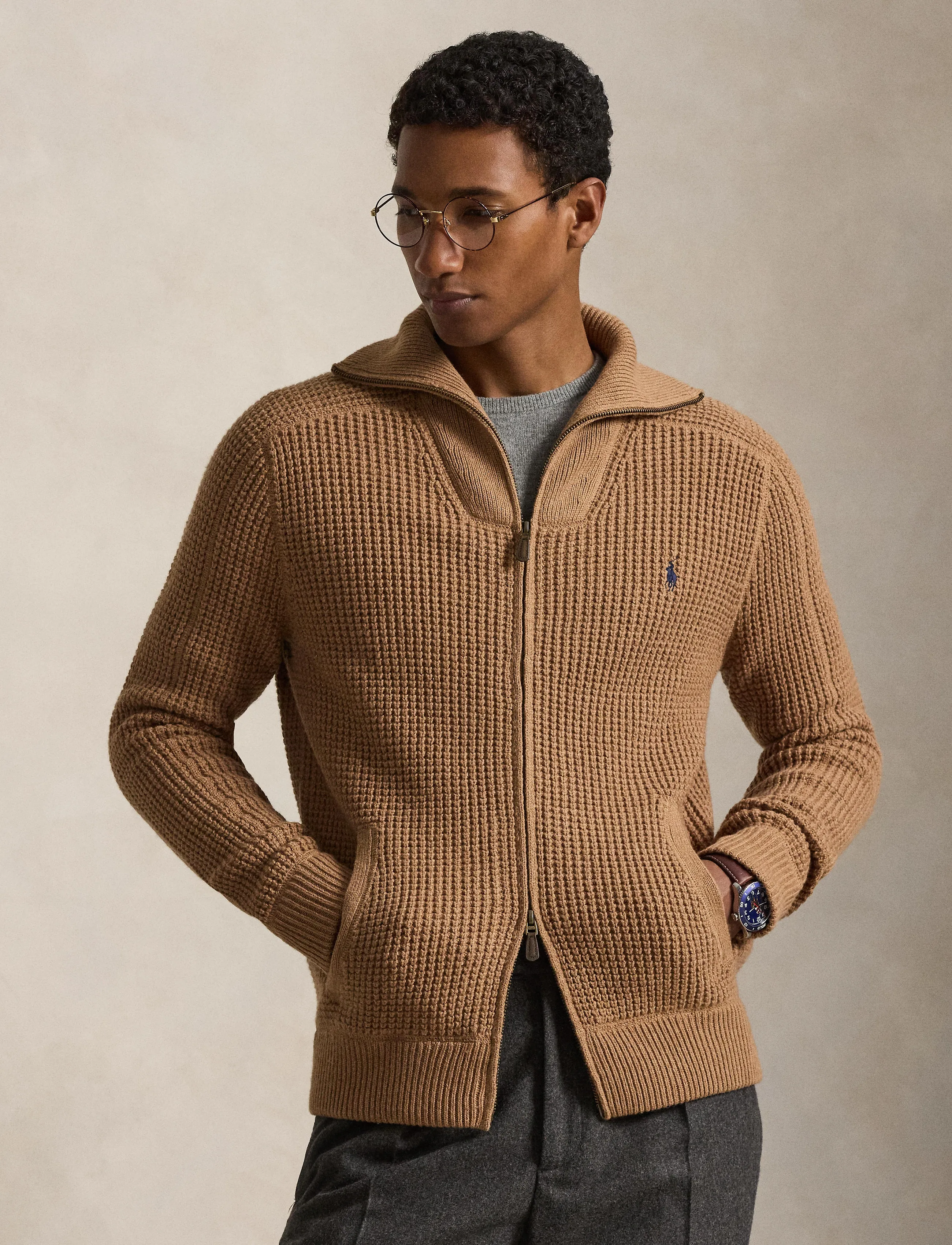 Polo Ralph Lauren Waffle-Knit Wool-Cotton Full-Zip Sweater - Nach Anlass kaufen - BROWN SUGAR MELAN / beige