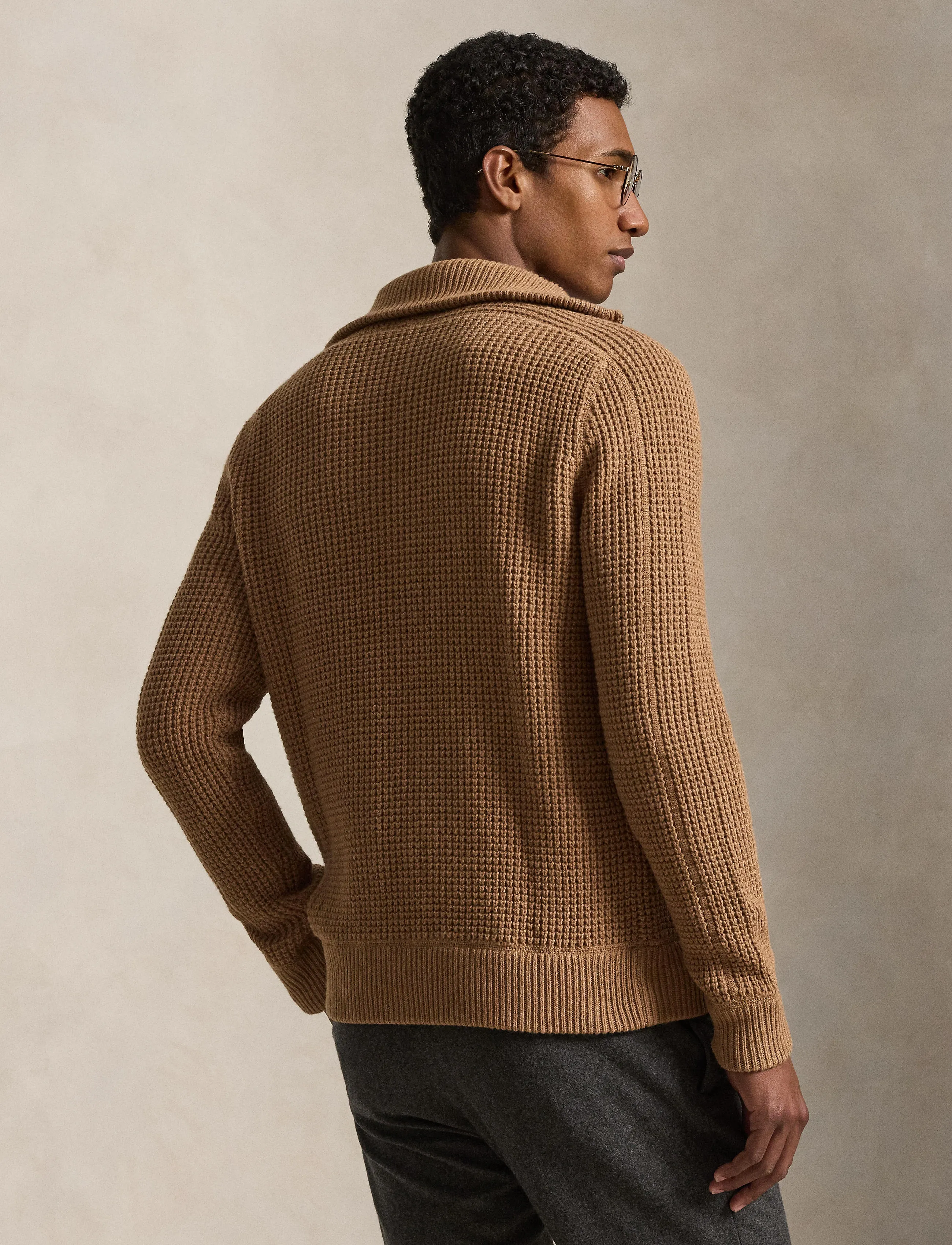 Polo Ralph Lauren - Waffle-Knit Wool-Cotton Full-Zip Sweater - half zip - brown sugar melan - 4