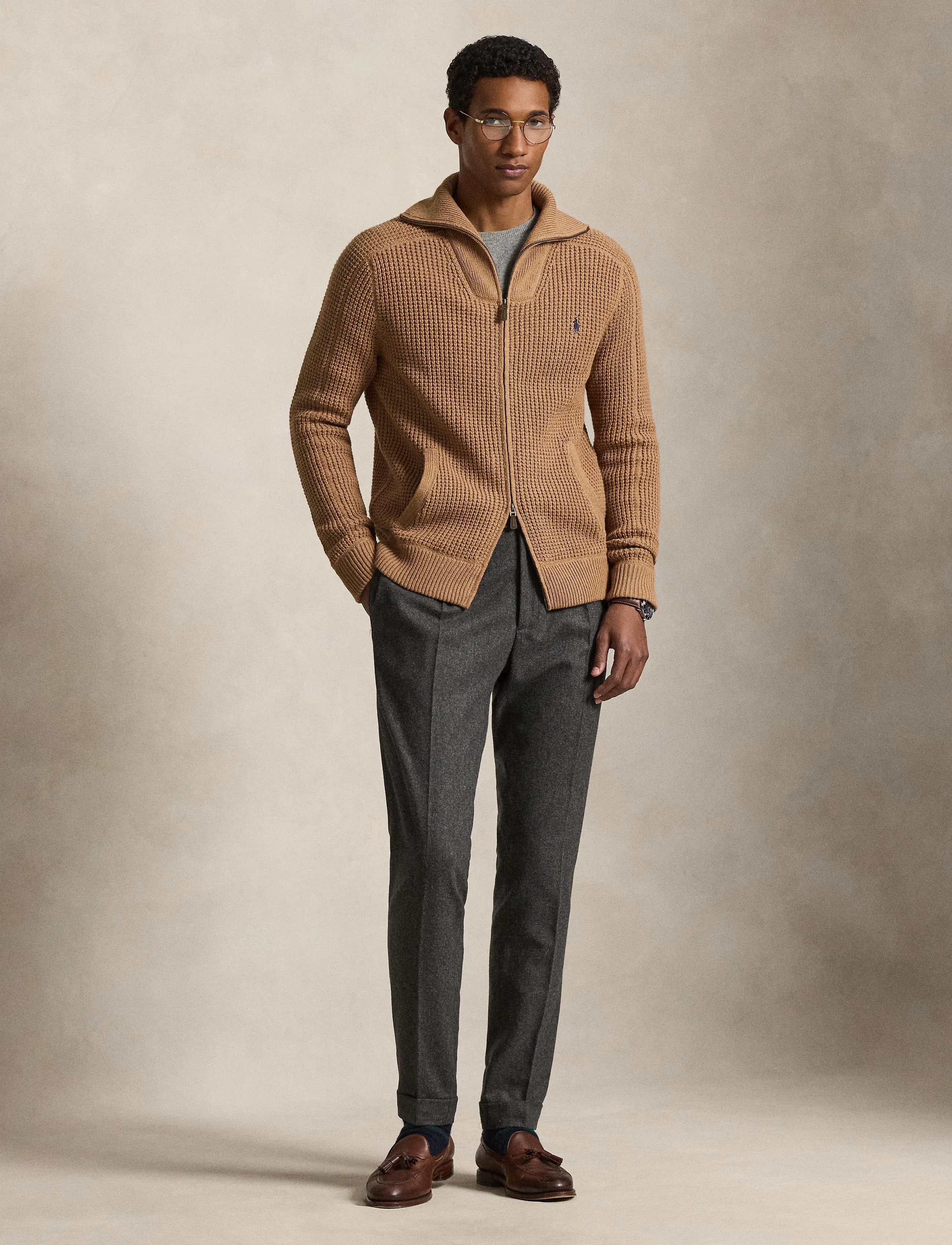 Polo Ralph Lauren Waffle-Knit Wool-Cotton Full-Zip Sweater - „Preppy“ - BROWN SUGAR MELAN / beige