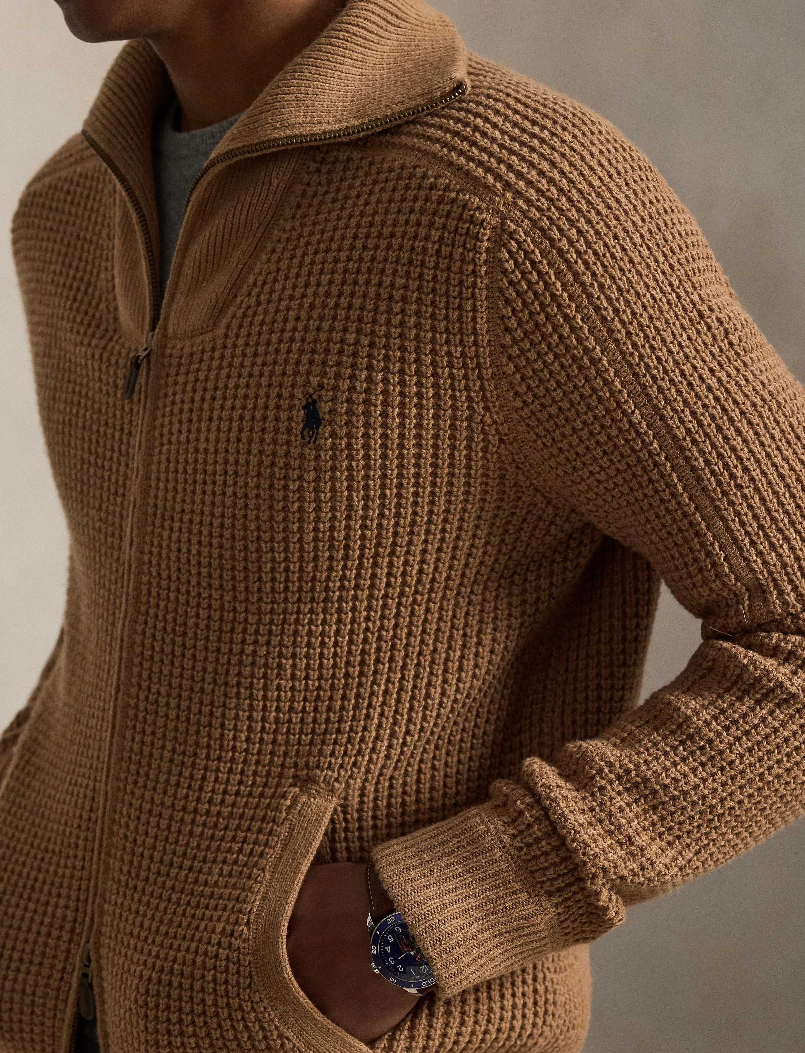 Polo Ralph Lauren - Waffle-Knit Wool-Cotton Full-Zip Sweater - half zip - brown sugar melan - 5